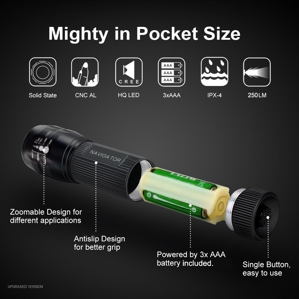 Navigator 1193 Ultra Bright Portable Led Flashlight, Waterproof, Adjustable Focus, 3 Light Modes, Battery Included