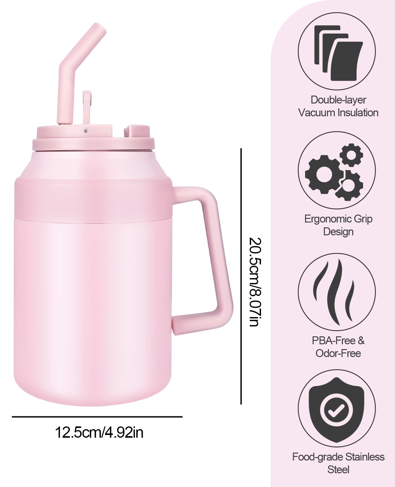 50 Oz Insulated Tumbler With Handle And Straw,Vacuum Insulated Stainless Steel Water Bottle Thermal