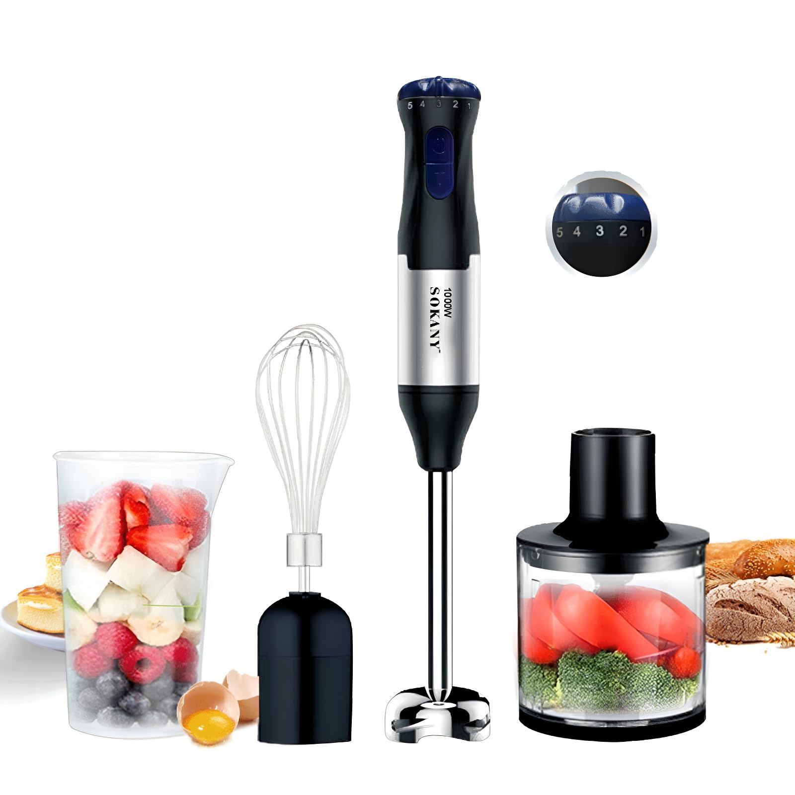 Kimiquatyz 4-In-1 Copper Motor Stainless Steel Blade Immersion Blender Handheld,1000W 5 Speed Stand Mixer,700Ml Beaker,500Ml Food Processor, Egg Beater, Baby Food Maker, Meat Grinder