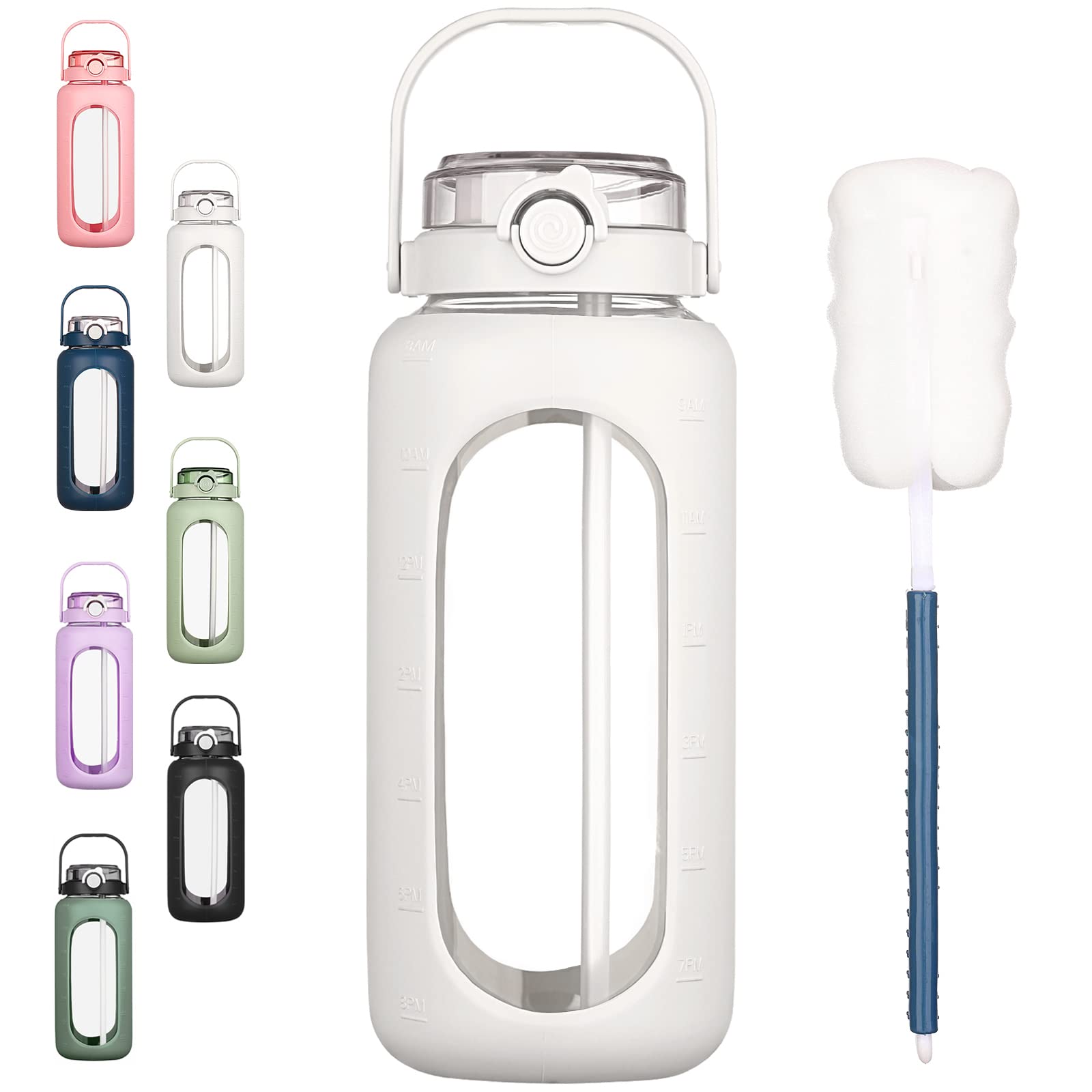 Bluego 64Oz Glass Water Bottles With Straw Time Marker Half Gallon Large Motivational Water Bottle