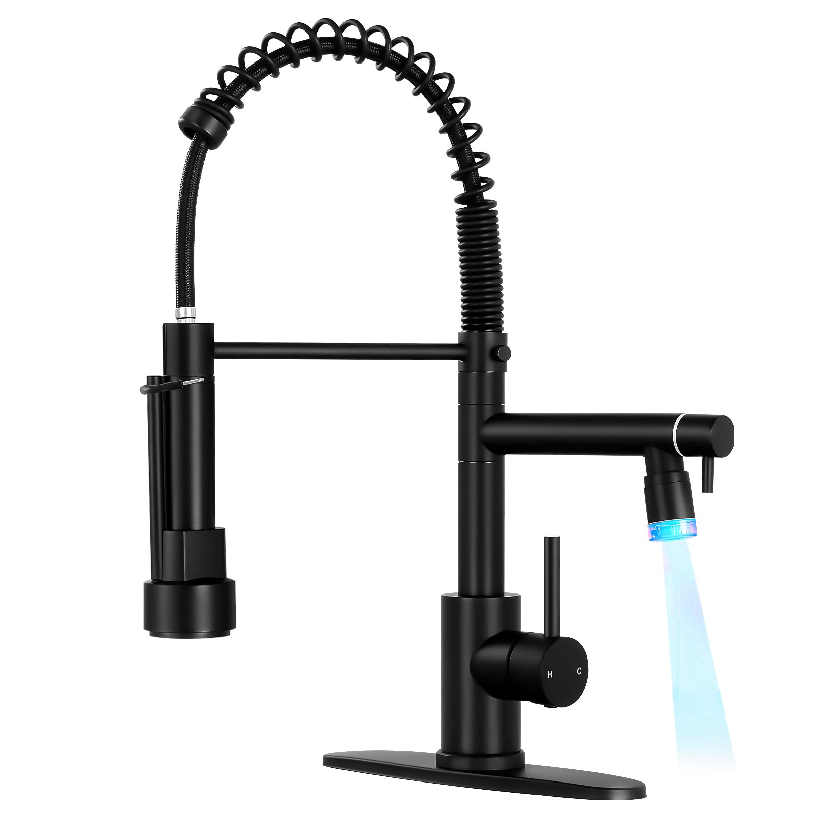 Fgkq Led Kitchen Faucets With Pull Down Sprayer,Kitchen Faucet Single Handle, Commercial Double-Head Faucet For Kitchen Sink Stainless Steel, Kitchen Sink Faucet With Deck Plate, Black