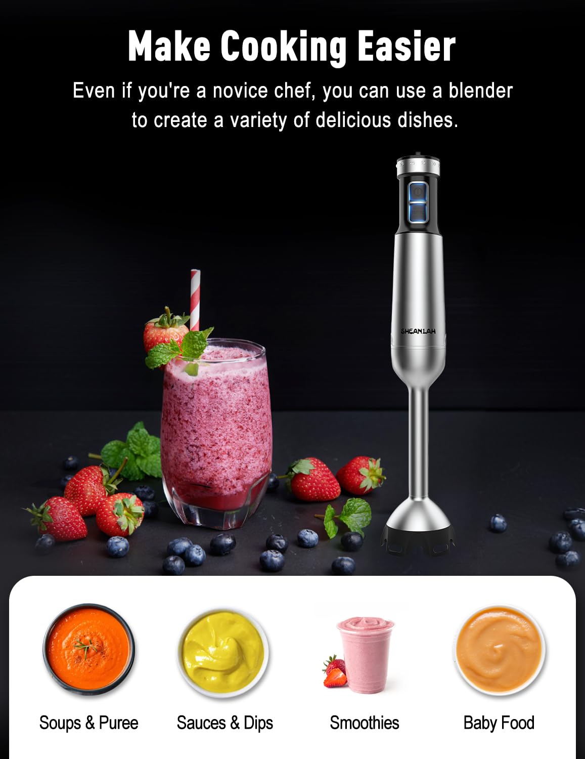Sheanlah 1000W Powerful Immersion Blender Handheld, Update Hand Blender With 25-Speed, Scratch-Resistant Hand Mixer With Heavy-Duty Copper Brushless Motor And Box