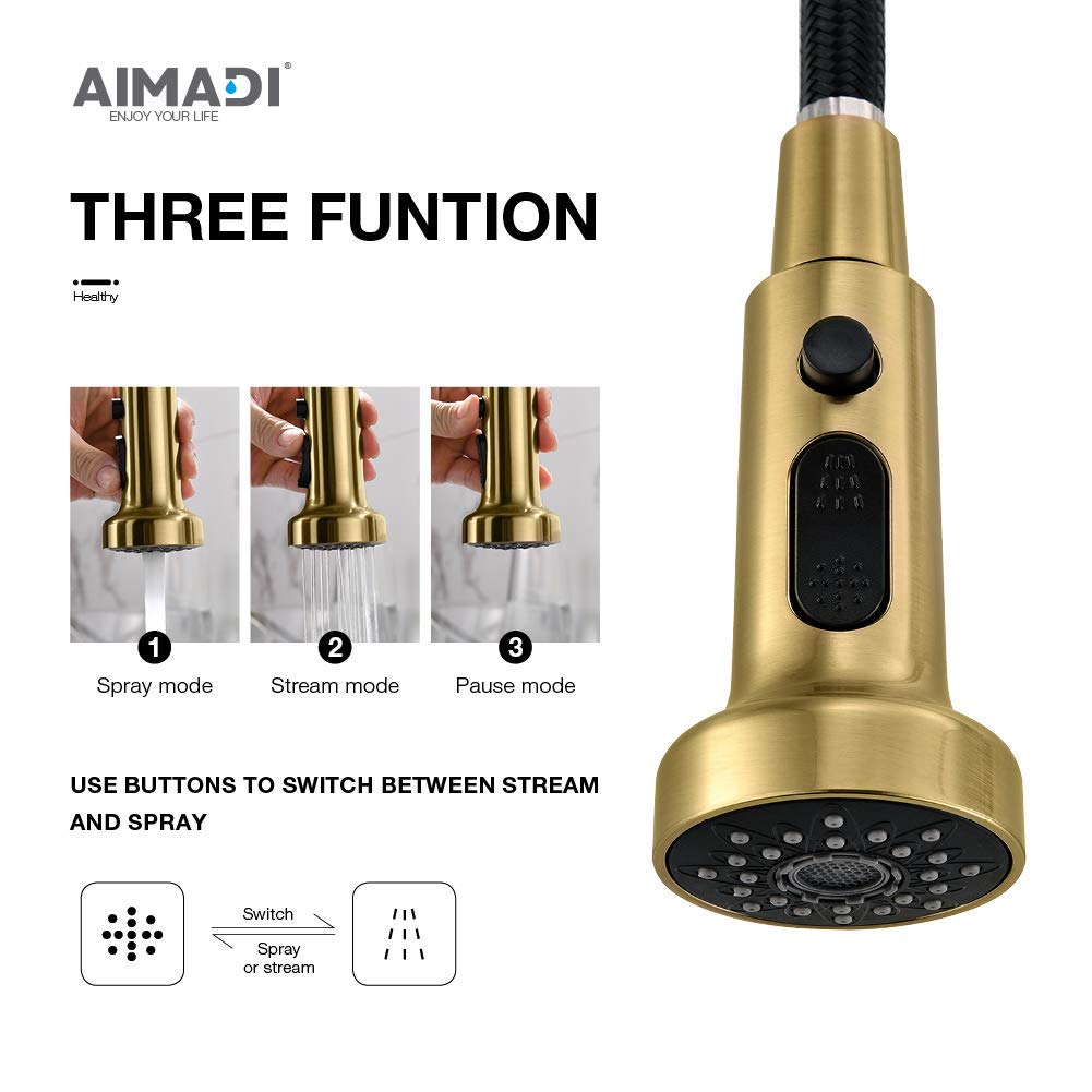 Aimadi Gold Kitchen Faucet With Pull Down Sprayer,Commercial Single Handle Brushed Gold Kitchen Sink Faucet With Deck Plate