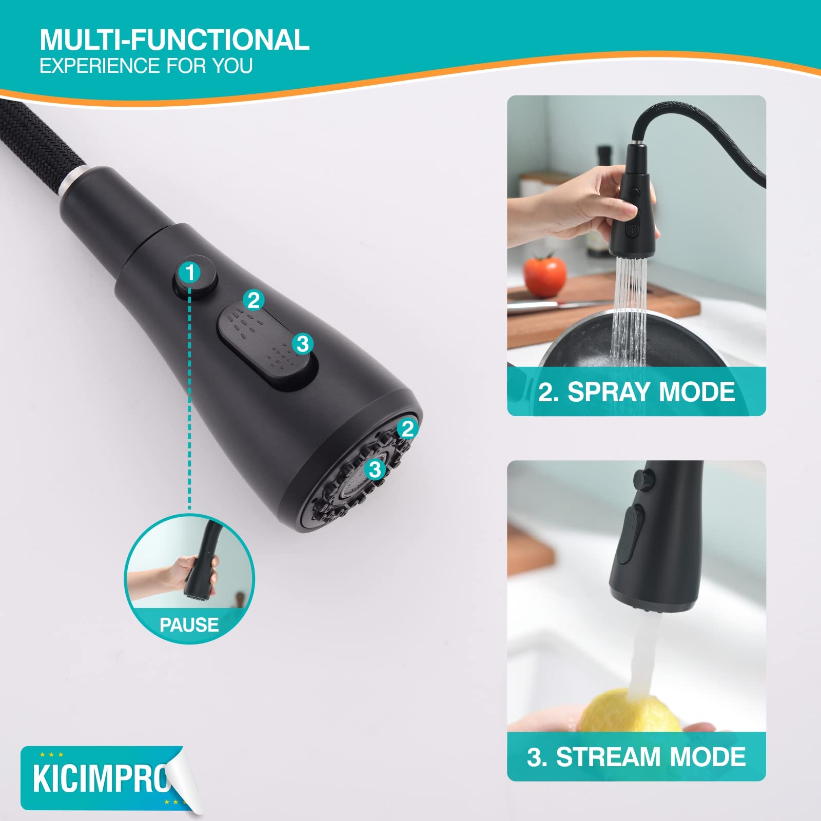Kicimpro Matte Black Kitchen Faucet With Pull Down Sprayer, 304 Stainless Steel, 23-Inch Extended Hose Design, Three Water Functional Ways, Easy Installation