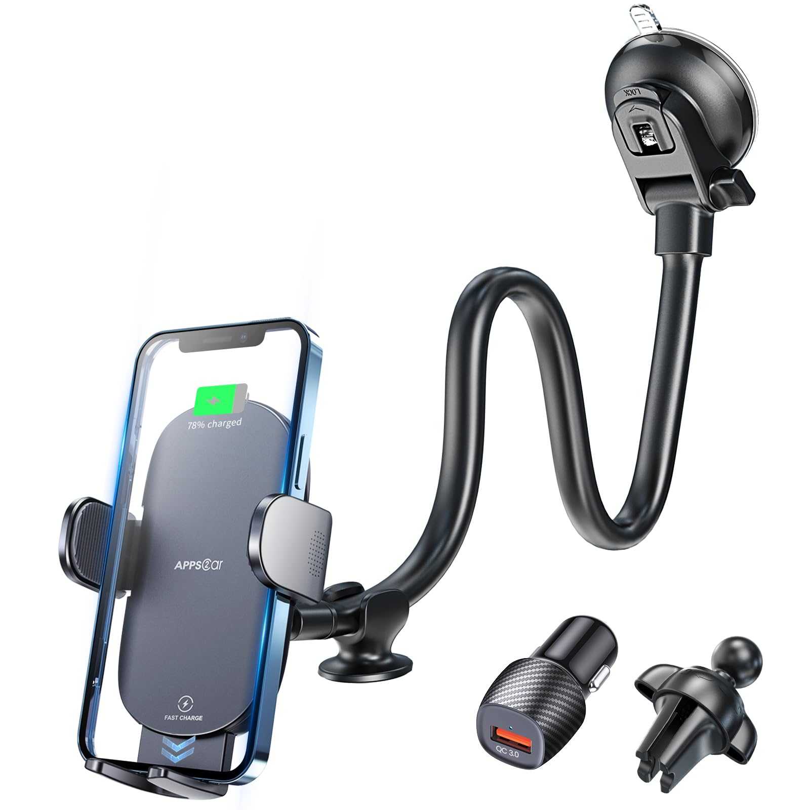 Apps2Car Wireless Car Charger 15W Fast Charging Car Phone Holder Charger Wireless Car Charger Mount For Dashboard Windshield Air Vent Compatible With Iphone 15 Pro Max Plus 14 13 12 Samsung Lg & More