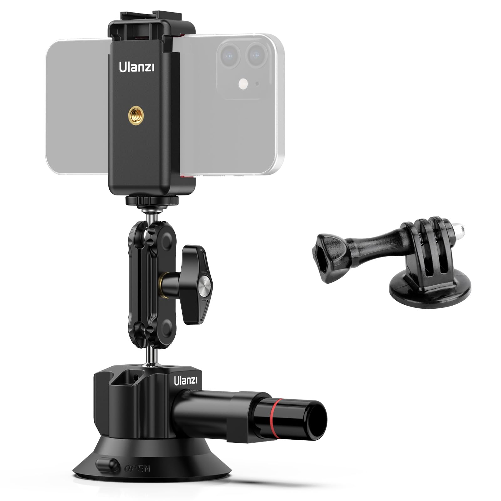Uurig Sc-01 Suction Mount 3" For Vlogging Action Camera Car W Smartphone Clamp For Iphone 16 15 14 13 Pro Max, 1/4" Magic Arm Adapter Mount Desk Suciton Mount For Car Windshield Window