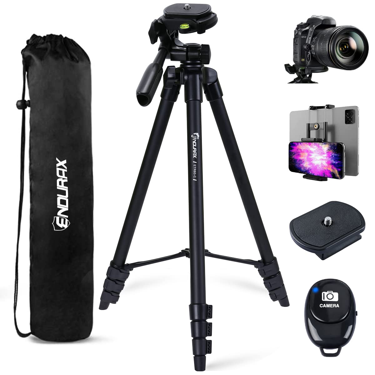 Endurax 60'' Camera Tripod Camera Stand For Canon Rebel Eos Nikon Dslr, Travel Tripods For Phone Tablet With Remote Black