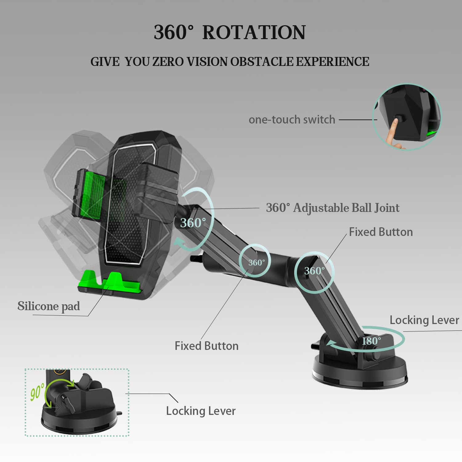 Wuitin Heavy Duty Phone Holder - Long Arm, Anti-Shake Suction Cup, Compatible With All Phones & Vehicles