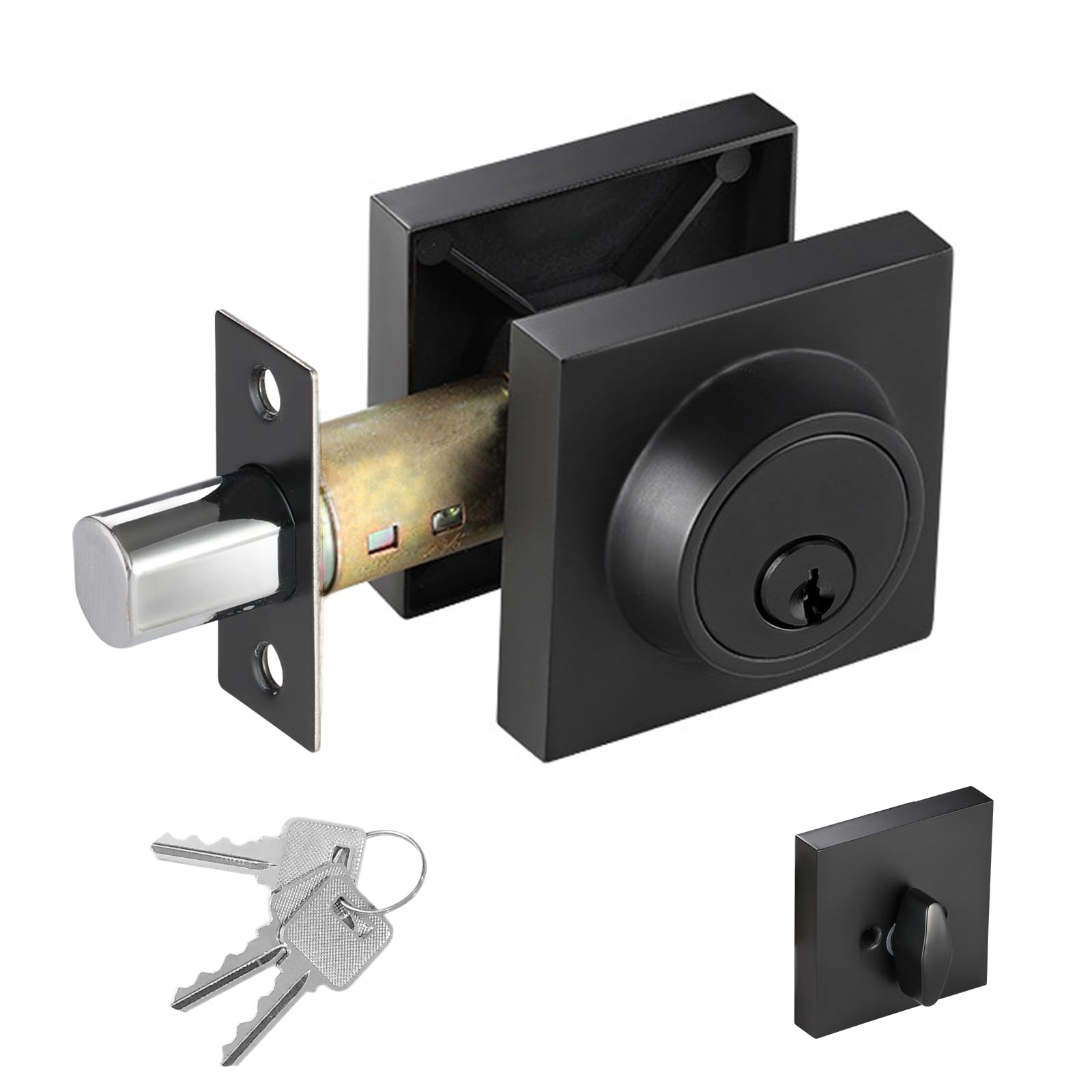 Toocust Square Single Cylinder Modern Deadbolt Lock With Keys, Matte Black Deadbolt For Front Door Entrance, Front Door Security Lock, Keyed 1 Side