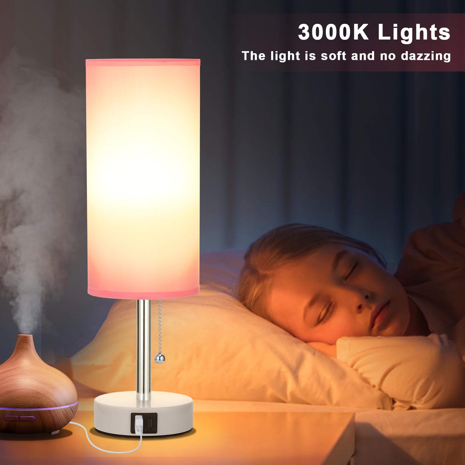 Hong-In Pink Bedside Lamp - 3 Color Modes, Small Lamp With Usb-C And Usb-A Charging Ports, Pull Chain, Nightstand Light For Bedroom, Office, Kids Room (Bulb Included)