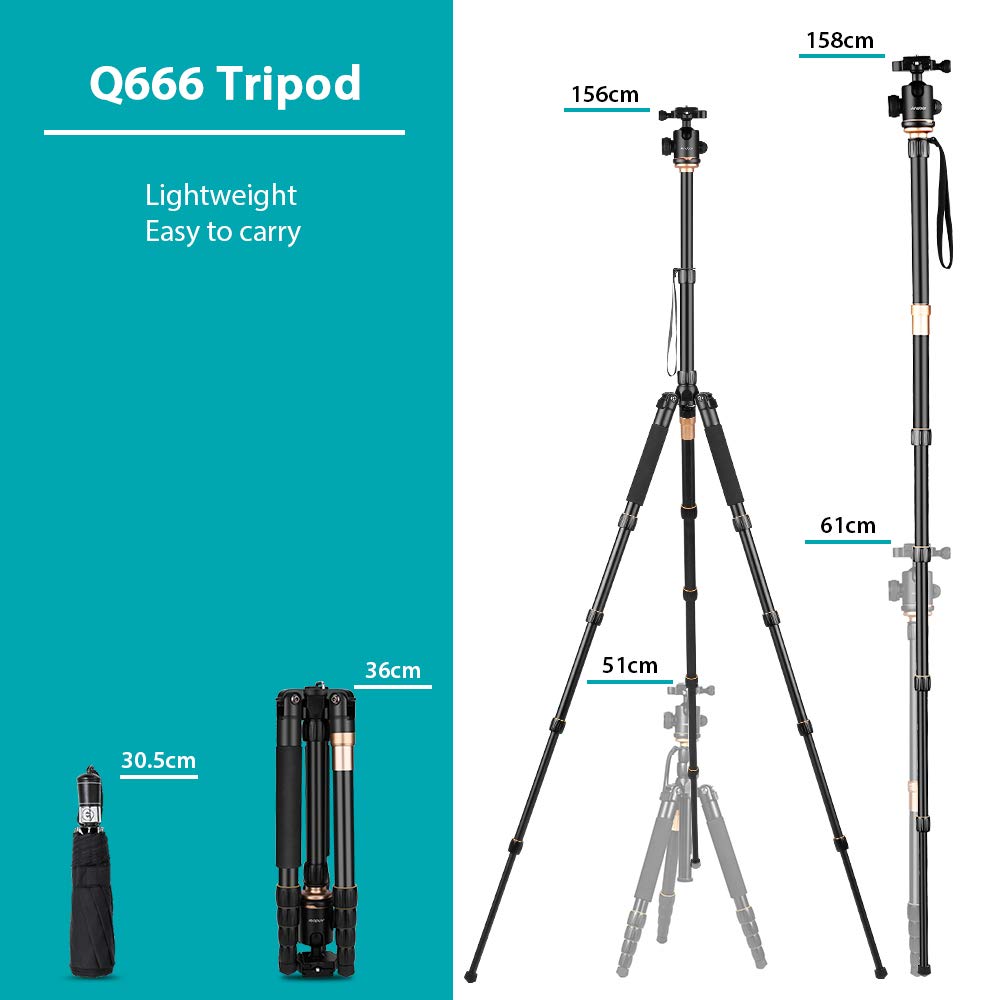 Andoer Camera Tripod, 153Cm/60Inch Foldable Portable Extendable Aluminium Alloy Tripod For Canon Nikon Sony Dslr Camera 1/4" Quick Release Plate, 360°Panorama Ball Head And A Carry Bag