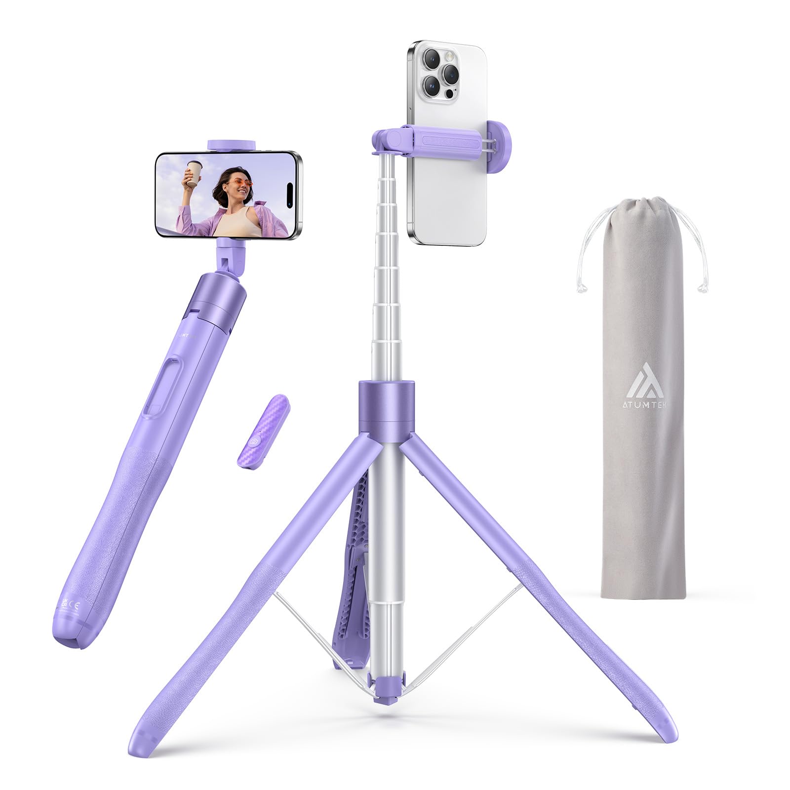 Atumtek 60" Selfie Stick Tripod, All-In-One Extendable Phone Tripod With Bluetooth Remote, Storage Bag Included, For Iphone And Android Phone Selfie, Video Recording, Vlogging, Live Streaming, Purple