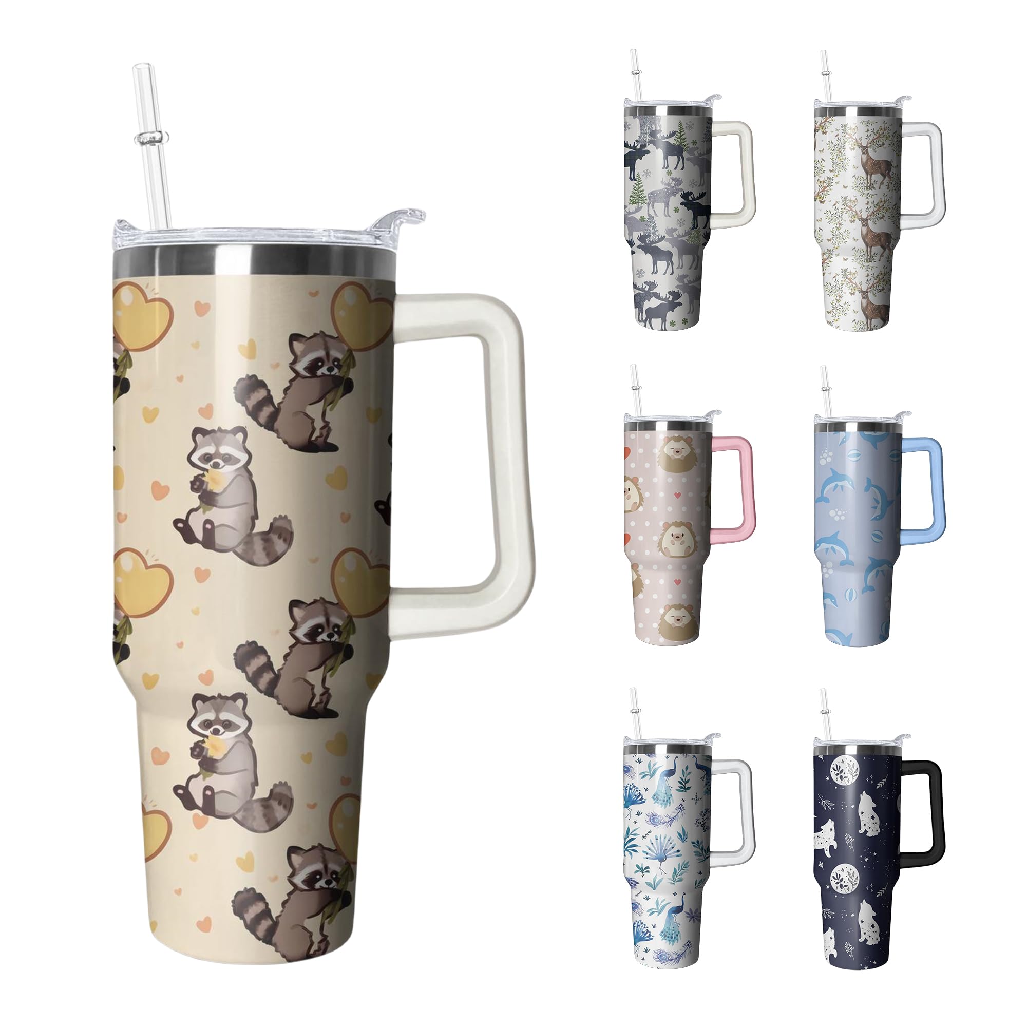 40Oz Raccoon Stainless Steel Tumbler With Handle And Straw, Dog Insulated Cup Travel Coffee Mug