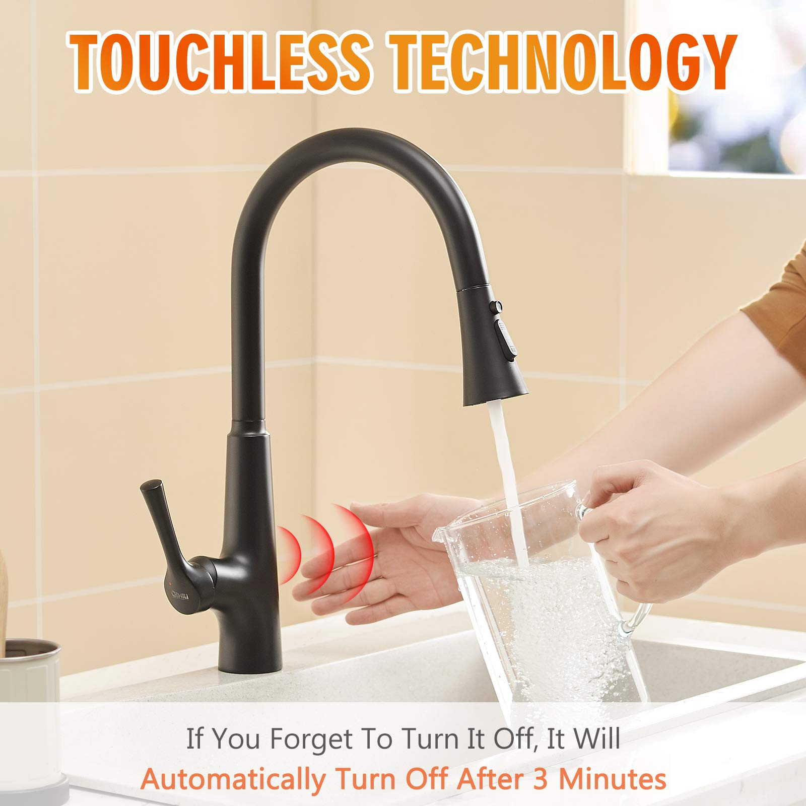 Gimili Touchless Black Kitchen Faucet With Pull Down Sprayer, Single Handle Motion Sensor Activated Hands- Kitchen Sink Faucet Matte Black