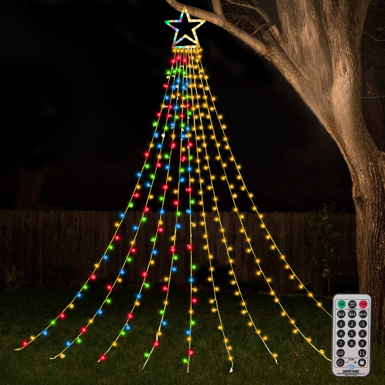 Ztx Christmas Decorations Outdoor Star Lights,11Ft Christmas Tree Toppers Lihgts With Remote,11 Lighting Modes Waterfall Christmas String Lights For Christmas,Halloween,Wedding,Party (Color Change)