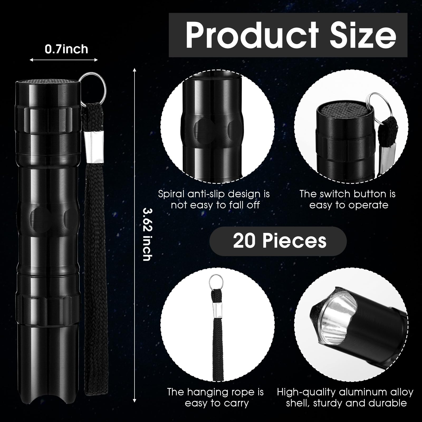 Honoson 20 Pcs Mini Pen Light Pocket Flashlights Father'S Day  Bulk Aluminum Small Tactical Flashlights With Lanyard Handheld For Camping Hiking Riding, Not Included Battery, Black(Basic)