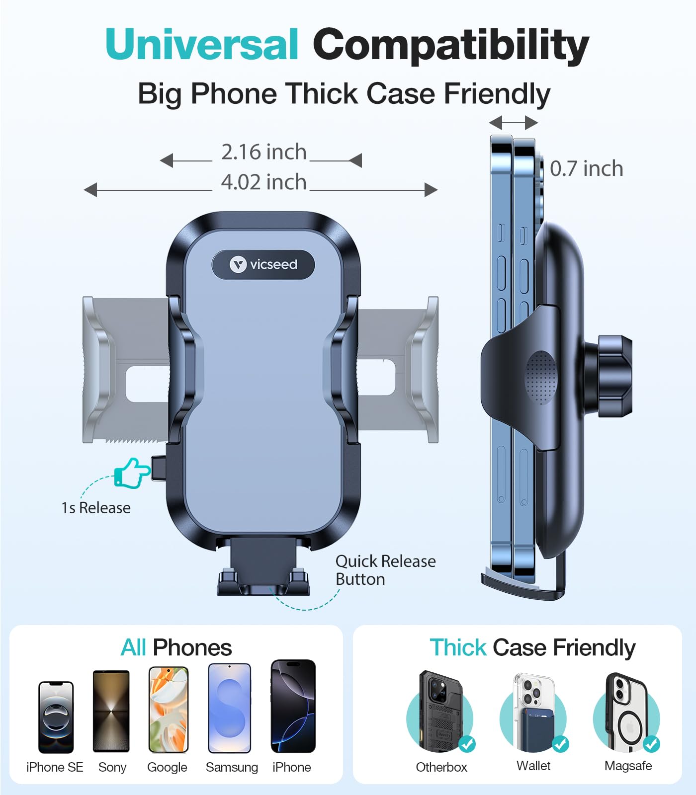 Vicseed Car Phone Holder Mount【Never Drop Clip】 Air Vent Car Cell Phone Mount Stand【Silicone Protect Vent & Phone】 Hands  Vehicle Cradle For Iphone 16 15 Pro Max Android All Smartphone