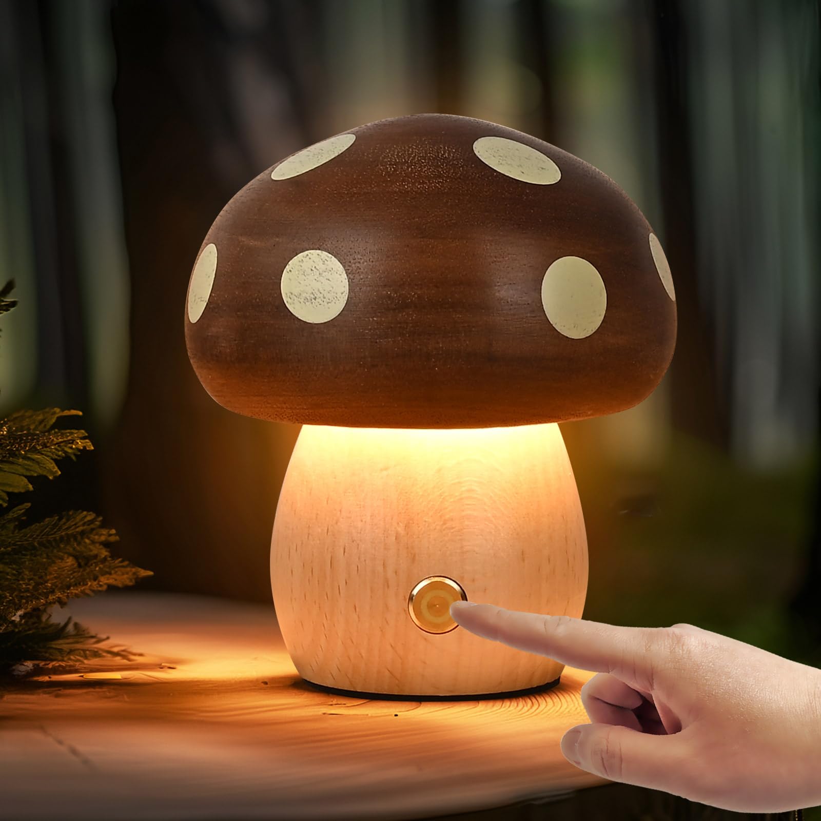 Moroommt Wood Small Mushroom Table Lamp, Rechargeable Bedside Lamps, Touch Lamps For Nightstand Night Light, Portable Battery Lights For Bedroom Nightstand Kids Birthday