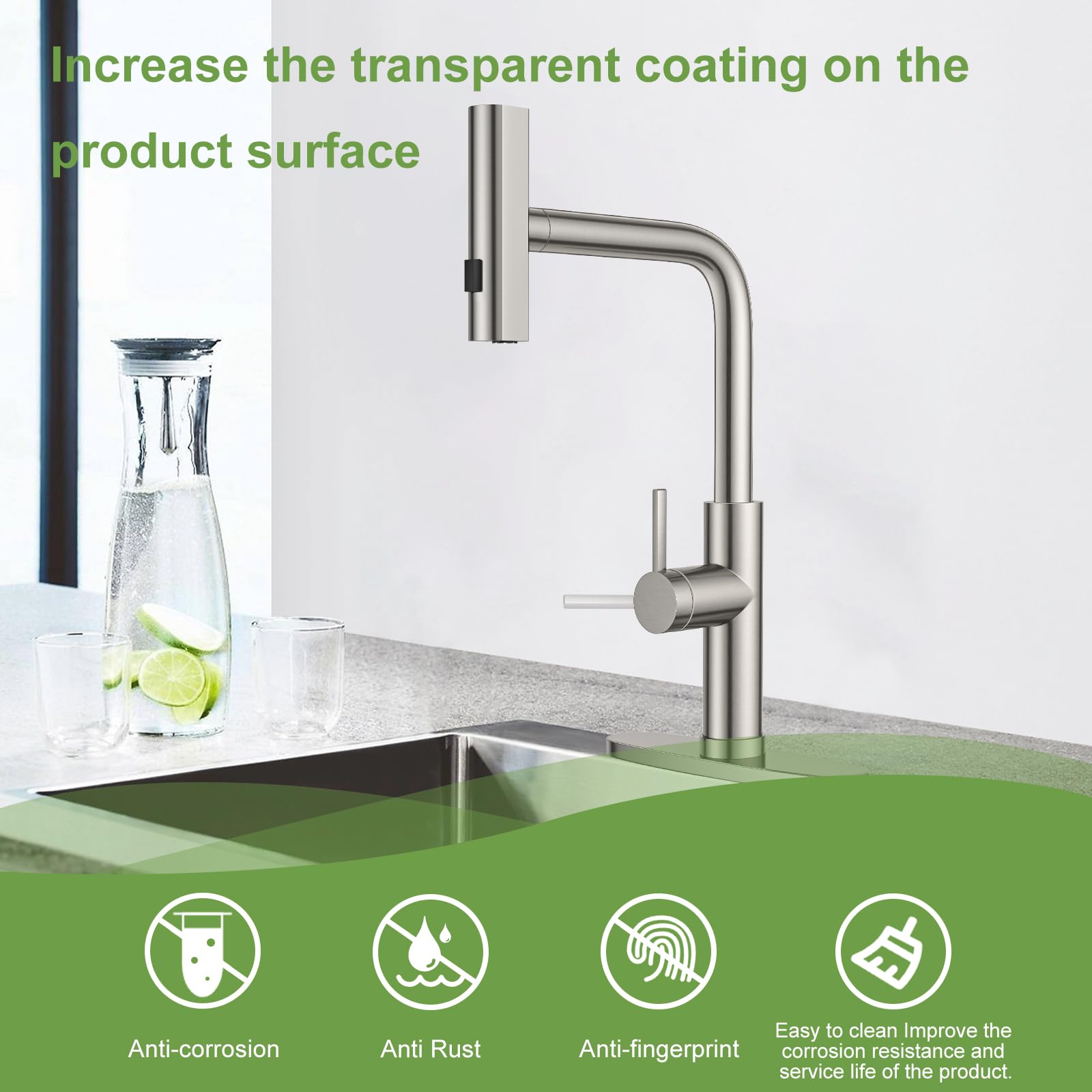 Pzto Rustproofing Stainless Steel Nickel Pull Down Kitchen Sink Faucet Waterfall 24” Cleaning Distance 360° Swivel 3 Cleaning Modes Switching Bubbles Powerful Kitchen Faucet