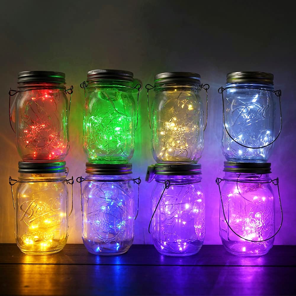 Miaro 8 Pack Mason Jar Lights, 20 Led Solar Warm White Fairy String Lights Lids Insert For Garden Deck Patio Party Wedding Multicolor