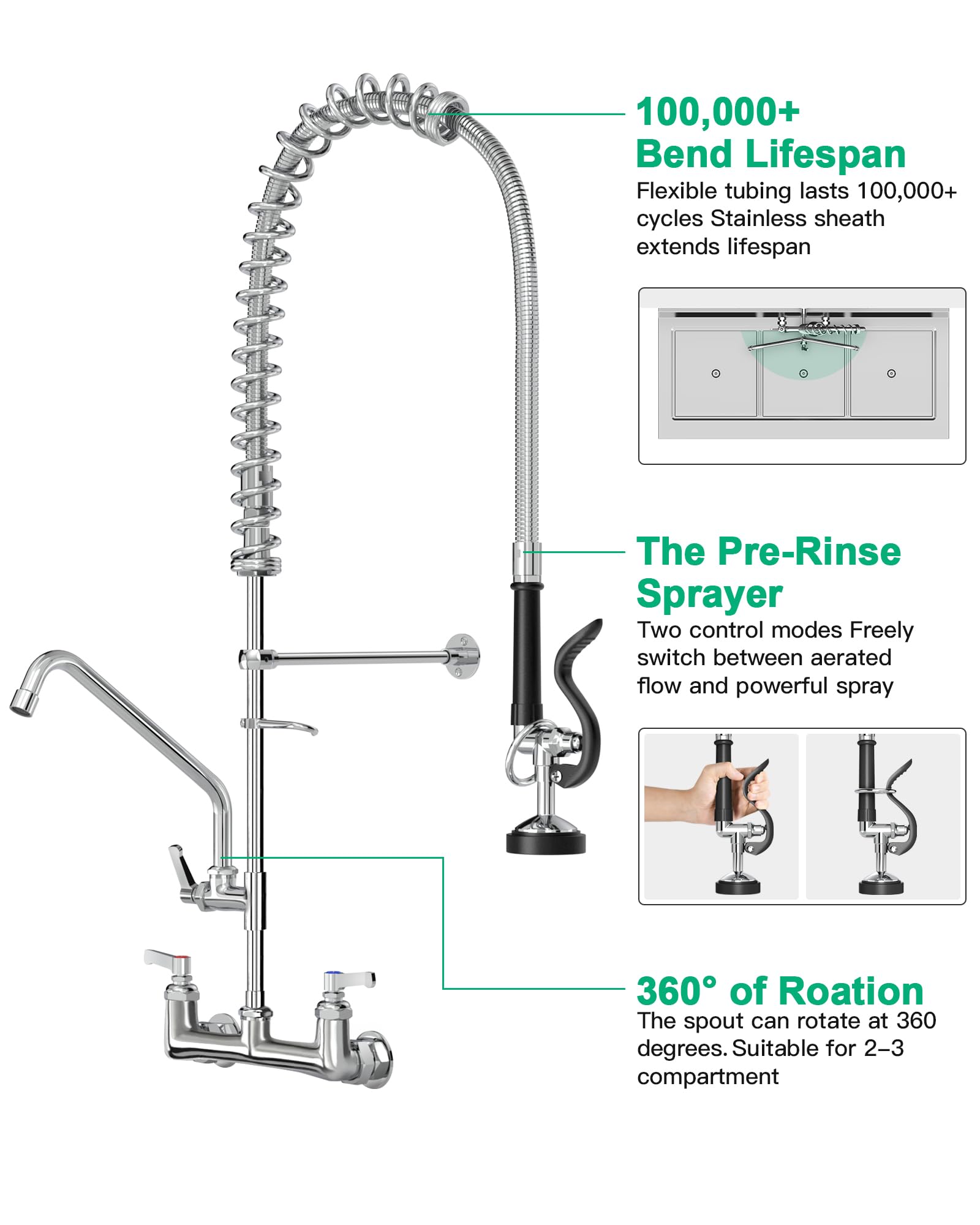 Bestjeef Commercial Faucet With Sprayer For Kitchen Staff: 36 Inches Commercial Faucet Pre Rinse Sprayer 8 Inch Center Wall Mount Kitchen With 12 Inch Add On Spout