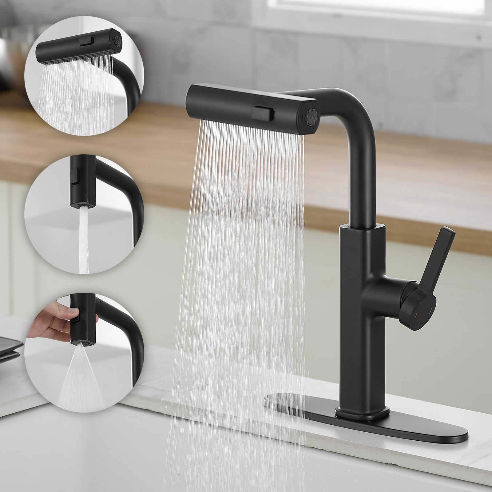 Rumose Kitchen Faucets With Pull Down Sprayer Matte Black Waterfall Rv Kitchen Sink Faucet With Sprayer 3-Mode Commercial High Arc Single Hole Or 3 Hole Stainless Steel Laundry Faucet With 360° Swivel