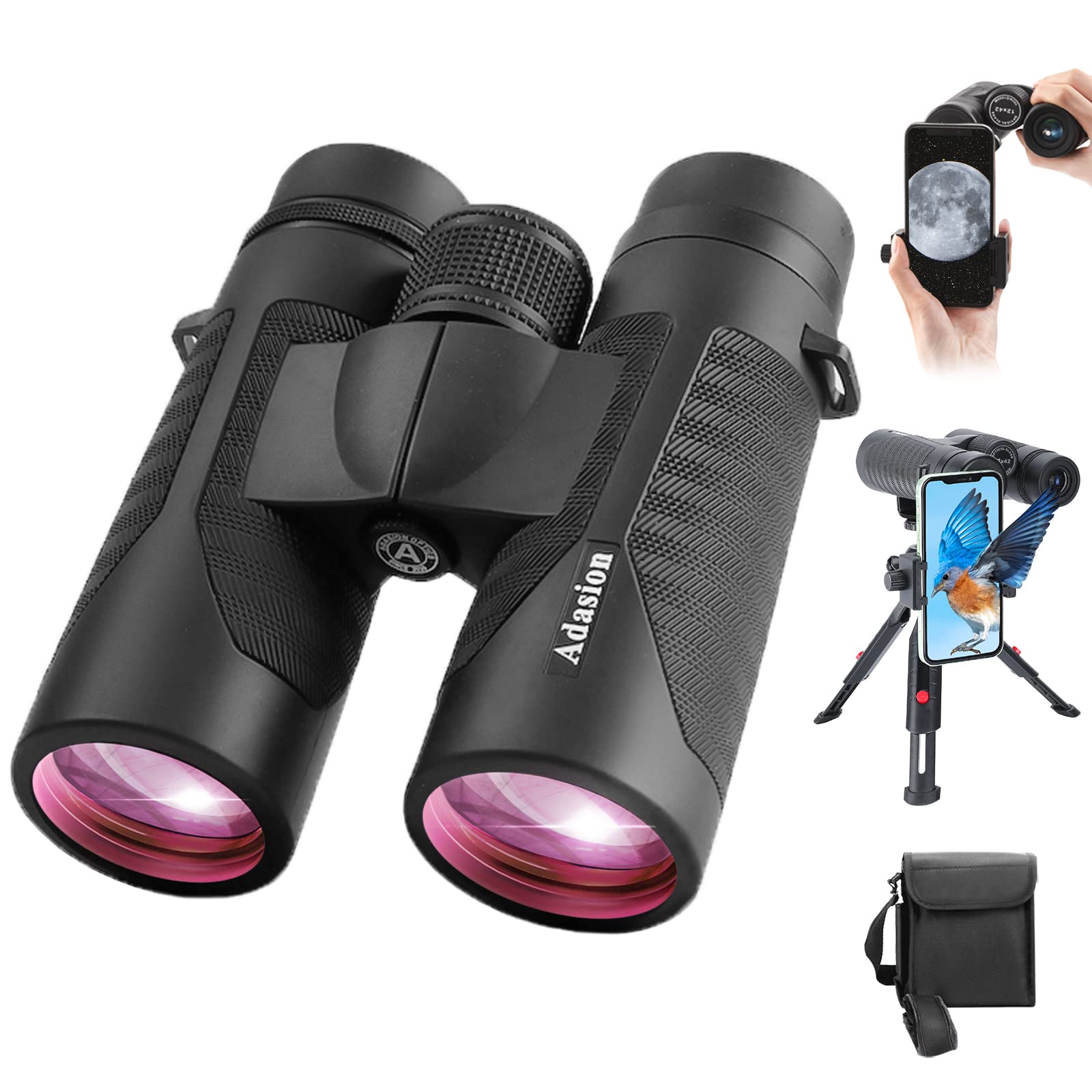 Adasion 12X42 Hd Binoculars For Adults High Powered With Phone Adapter And Tripod, Super Bright Bak4 Prism Waterproof Binoculars For Bird Watching Hunting Hiking Safari Travel Sports