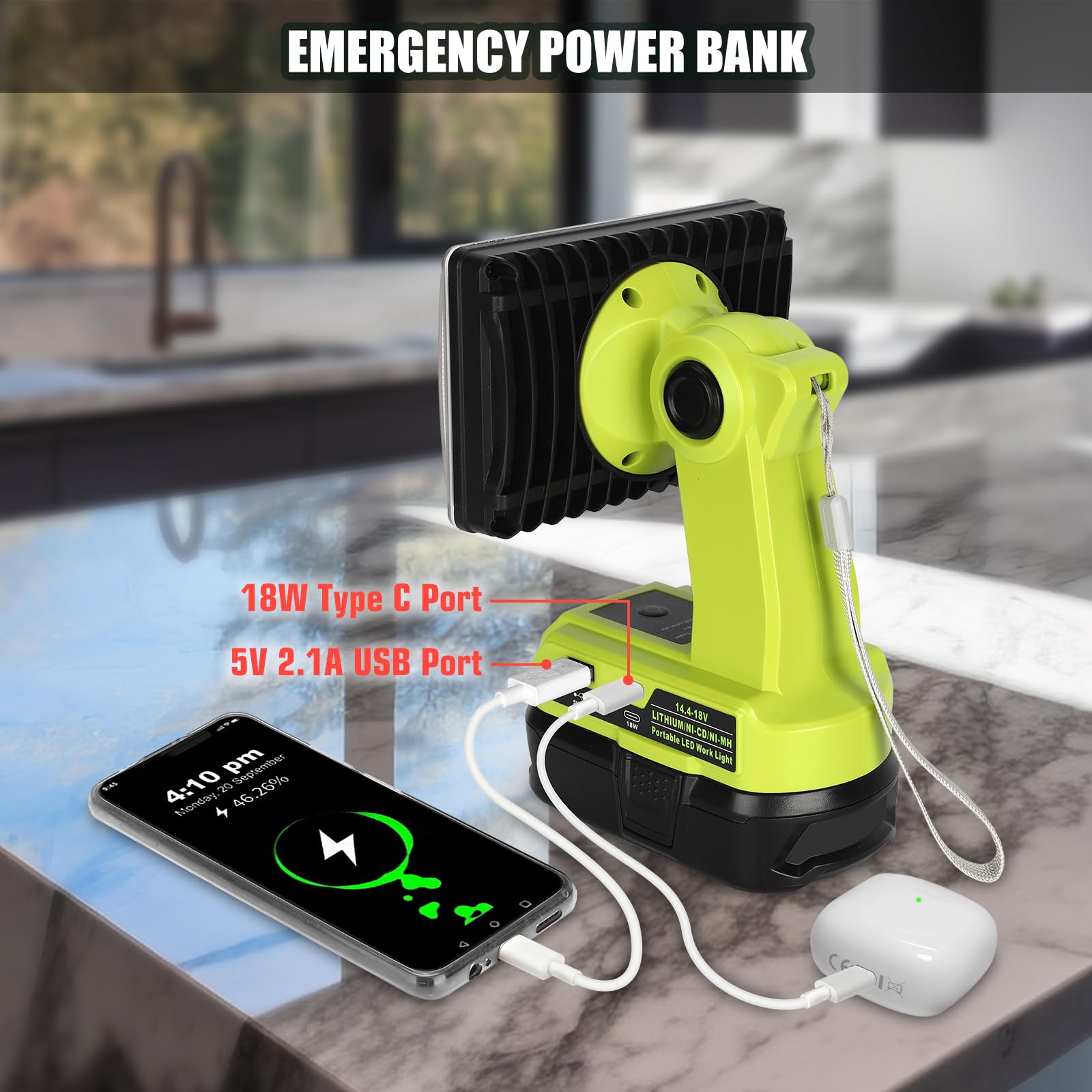 Philophca 18V Light Compatible With Ryobi 18V Battery,18W 2000Lm Spotlight With Usb Port, Zinc Alloy 110 Degree Pivoting Head, Led Work Light Floodlight Spotlight