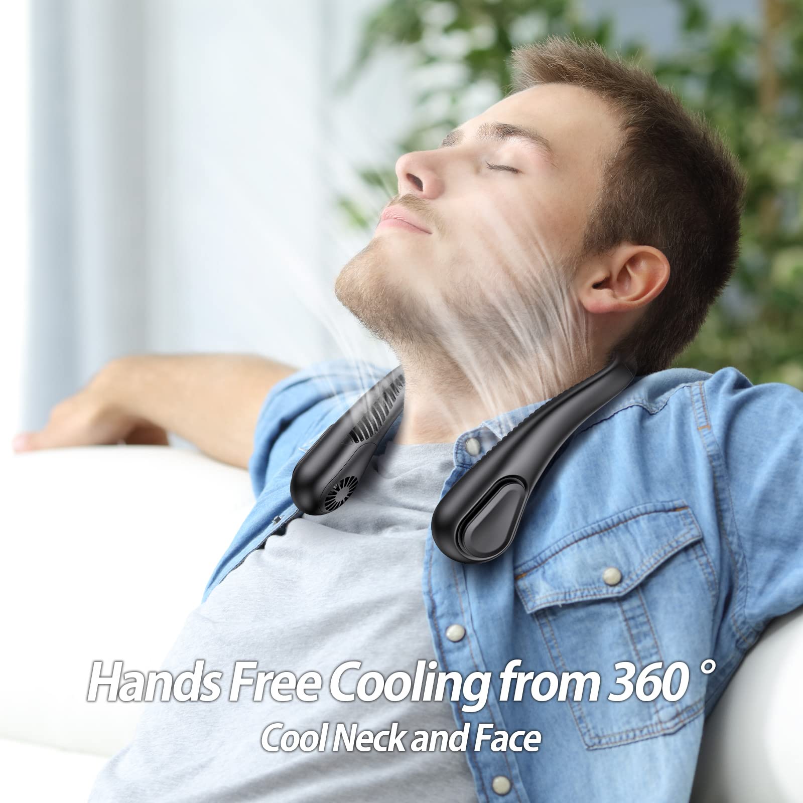 Portable Amacool neck fan with bladeless design, 5000mAh rechargeable battery, ideal for outdoor use