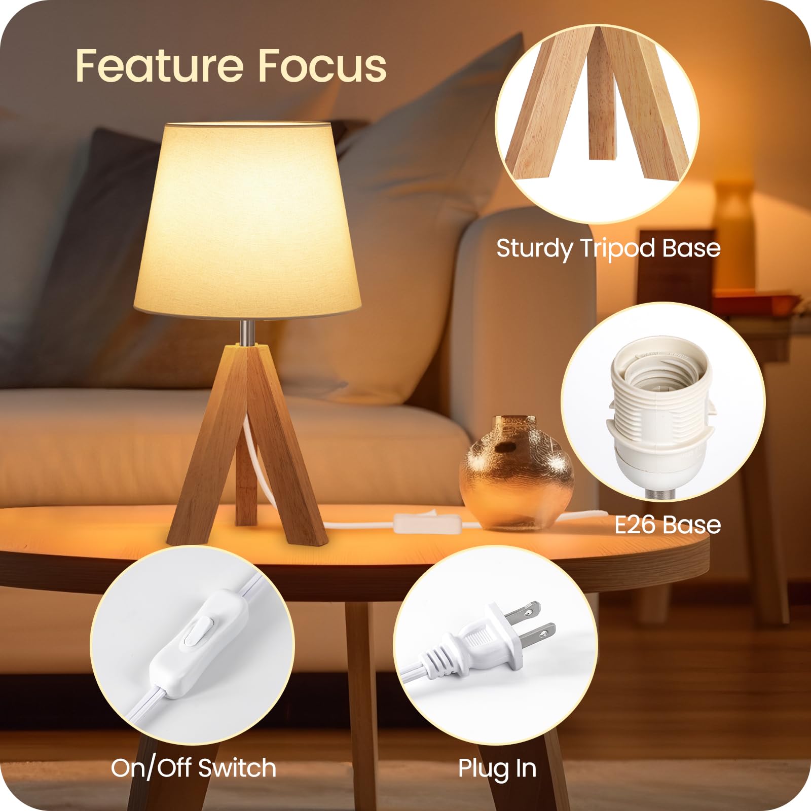 Goebleson Small Tripod Table Lamp, Modern Nightstand Lamp With Fabric Shade, Boho Bedside Wood Desk Light For Bedroom, Kids Room, Living Room, Office, Study, White, W51Tl05