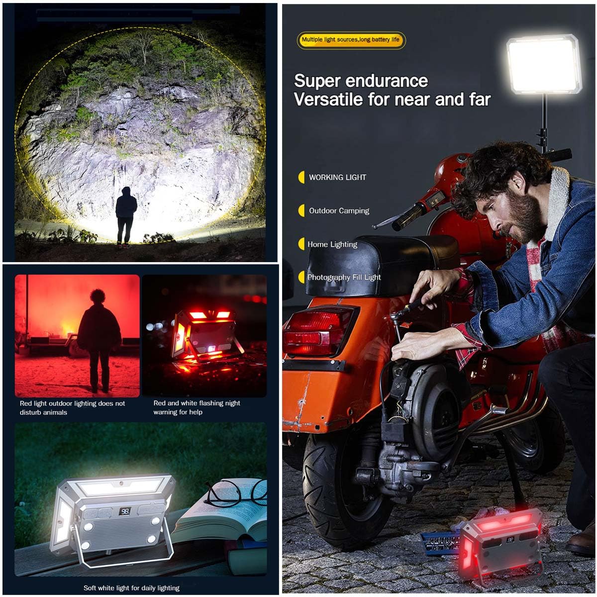 Helinyan Outdoor Multifunctional Led Work Light, Rechargeable Usb Camping Flashlight,7 Mode Xpe Progressive Dimming White Warm Red Power Display Hand Lighting For Camping, Maintenance,Fishing,Hiking.