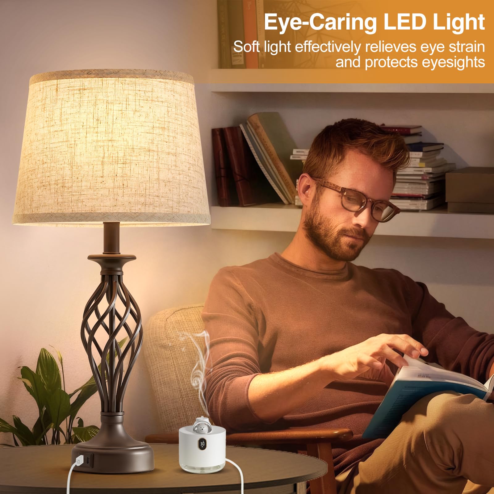 Ejiaxin Table Lamp For Bedroom Set Of 2 With Usb C+A Ports - Modern Brown Bedside Lamps With Spiral Cage Base Fabric Shade - Nightstand Lamp For Living Room Reading Bed Side End Table 2 Led Bulbs Included