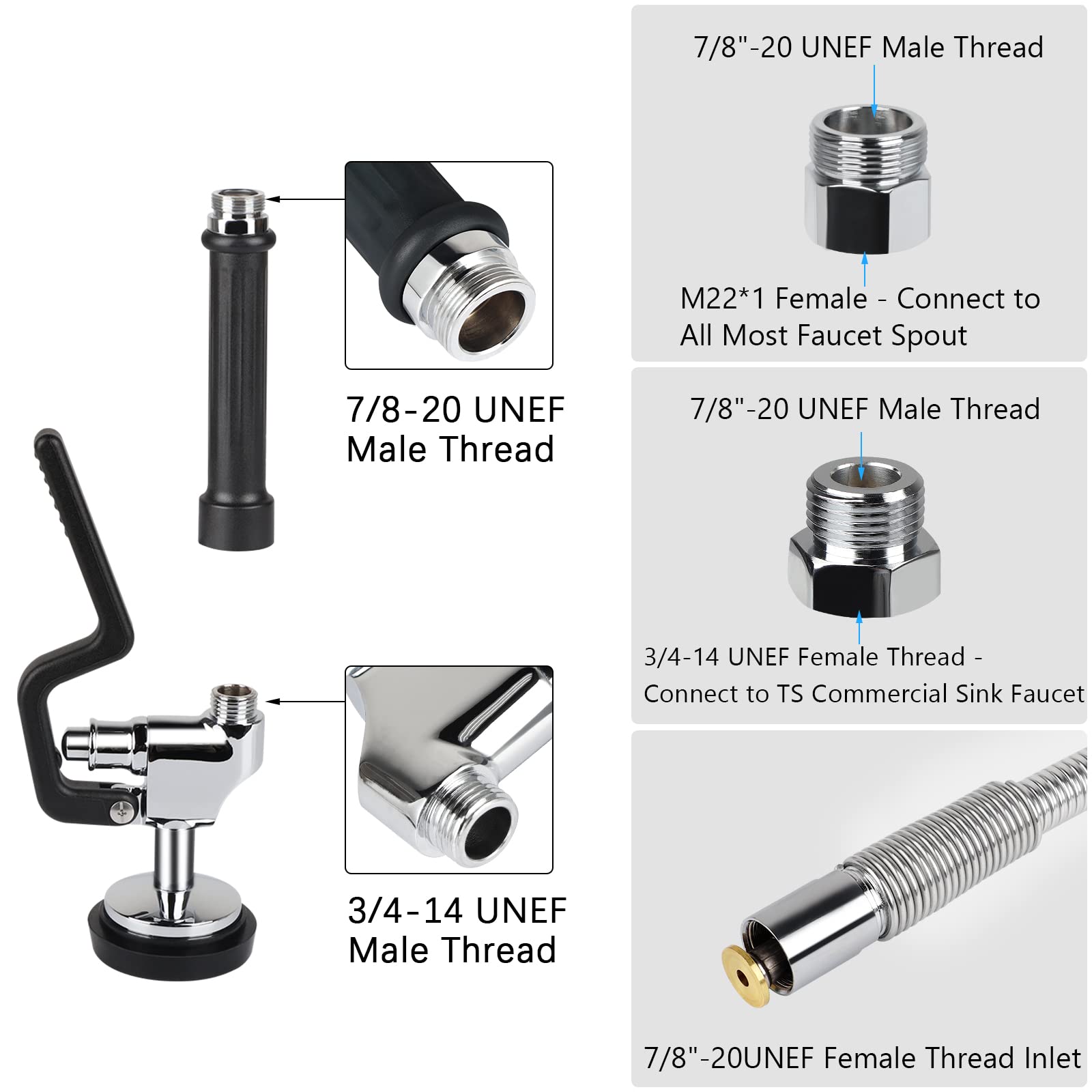 Kanoney Spray Valve With Pre Rinse Hose 38" Stainless Steel Flexible Hose With Sprayer Nozzle Head Replacement Kit For Commercial Sink Industrial Restaurant Kitchen Faucets(Black)