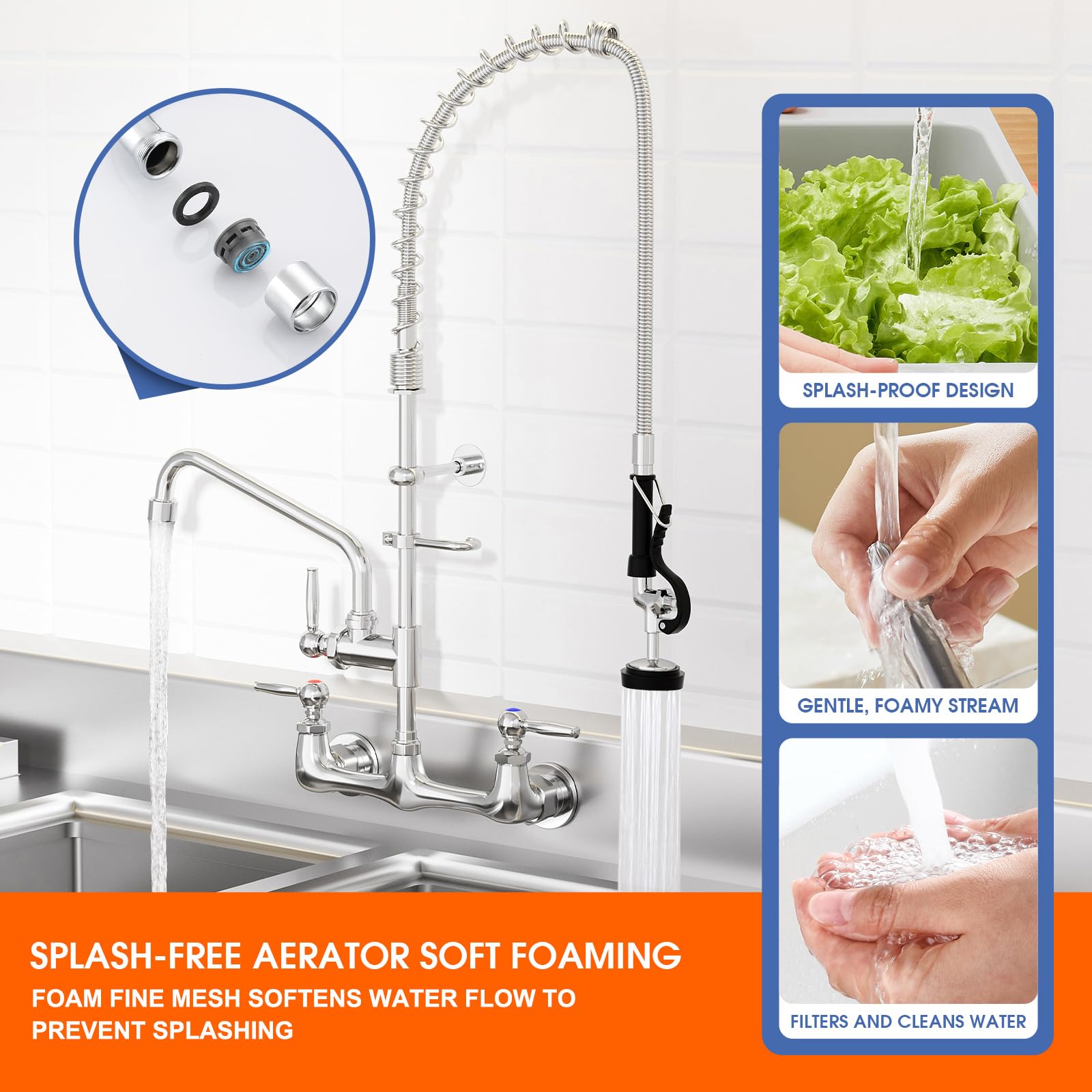 Nymeliu Commercial Sink Faucet With Sprayer 36" Height Commercial Kitchen Faucet Wall Mount With 12" Add-On Spout, Stainless Steel Hose Pre-Rinse Sprayer For Restaurant