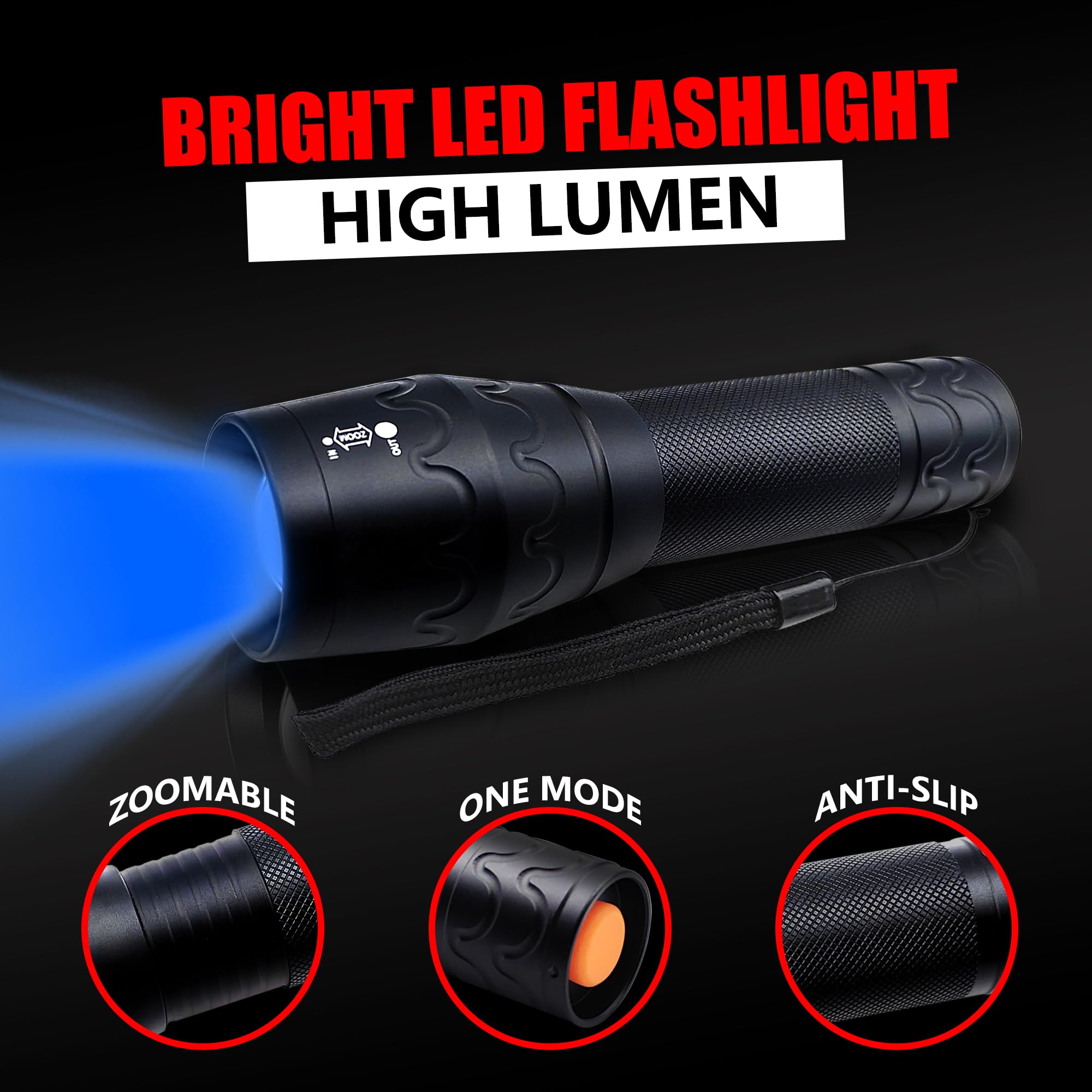 Fadomall Blue Light Led Flashlight Single Mode Adjustable Focus Night Hunting Flashlights For Observation, Fishing, 2 Pack