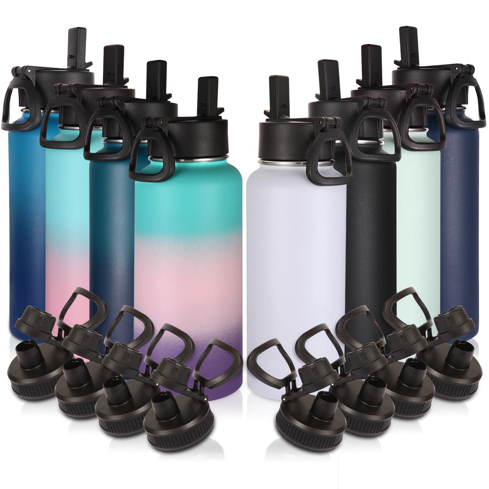 Volhoply 32 Oz Insulated Water Bottles Bulk 8 Pack With Straw Lid & Spout Lid,Stainless Steel Sport