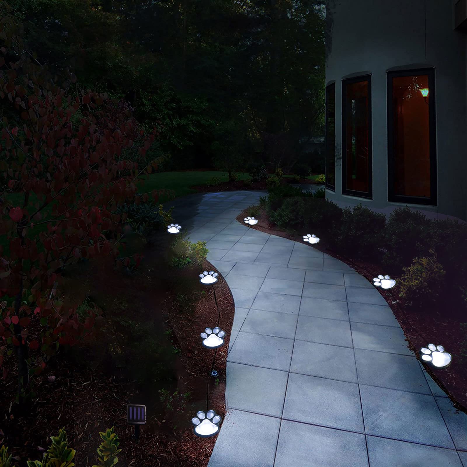 Aiddomm 16.8Ft Paw Print Solar Lights - Dog Cats Animal Solar String Lights (Set Of 8) Outdoor Waterproof, Cat Puppy Animal Decor Walkway Lighting, For Pet Lovers (Cold White)