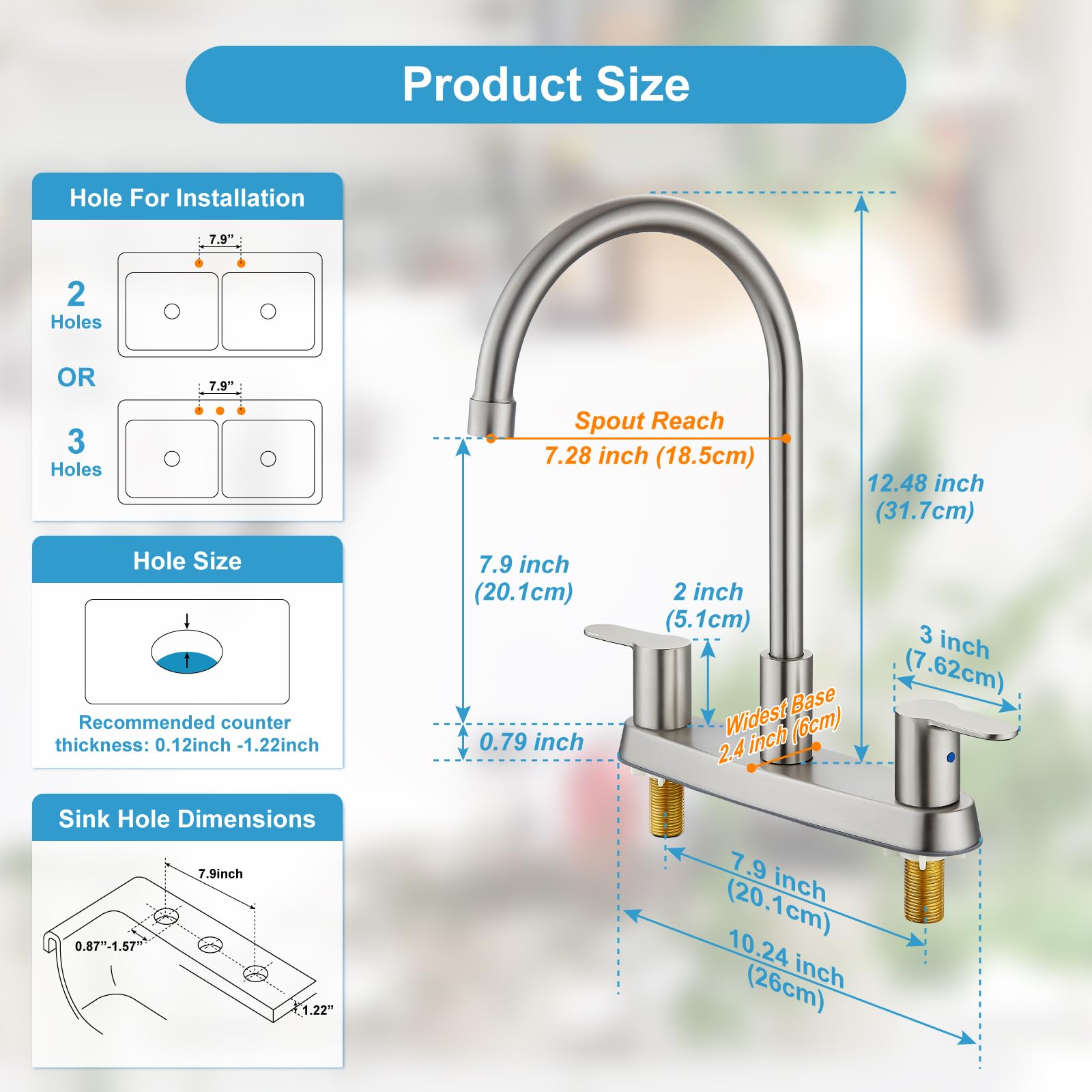 Cinwiny 8 Inch Centerset Kitchen Faucet For Sink 3 Hole Dual Handle Kitchen Sink Faucets High Arc 360 Degree Rotating Spout With Supply Lines, Brushed Nickel, Without Side Sprayer