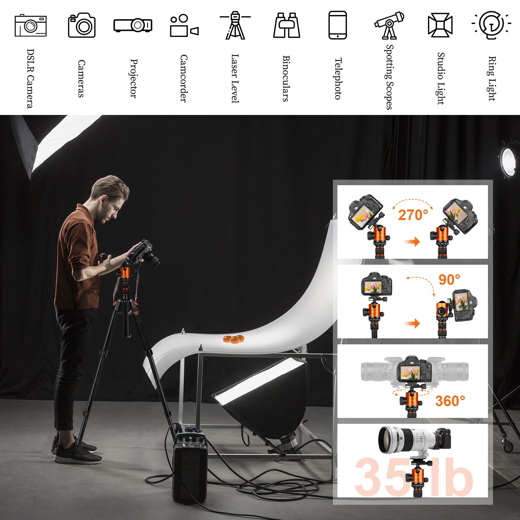 Joilcan Tripod For Camera, 81" Aluminum Camera Tripod, 83" Dslr Tripods & Monopods, Heavy Duty Travel Tripod For Binoculars Spotting Scope Telescope, Professional Complete Tripod Units, Payload 35Lb