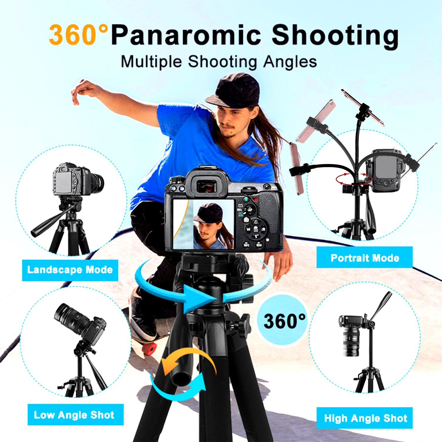 Yotetion 75 Inch Aluminum Phone & Camera Tripod With Gooseneck Stand, Extendable Cell Phone Tripod Stand Compatible With Iphone/Android/Action Camera Is Perfect For Live Streaming/Video Recording/Selfies