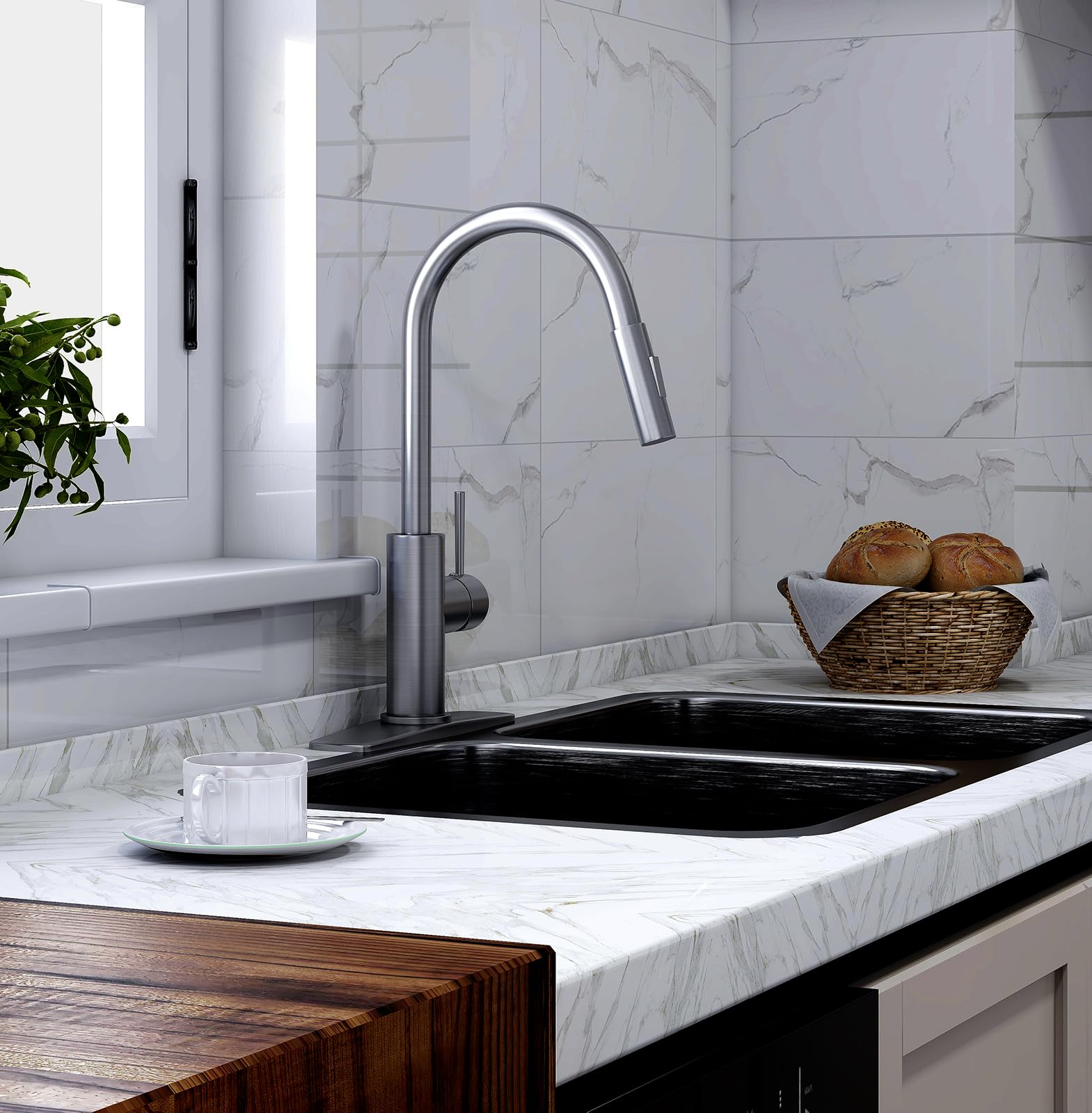 Forious Brushed Nickel Kitchen Faucet With Pull Down Sprayer, Stainless Steel High Arc Gooseneck Modern Sink Faucet With Cupc Ceramic Cartridge, Single Handle And Deck Plate