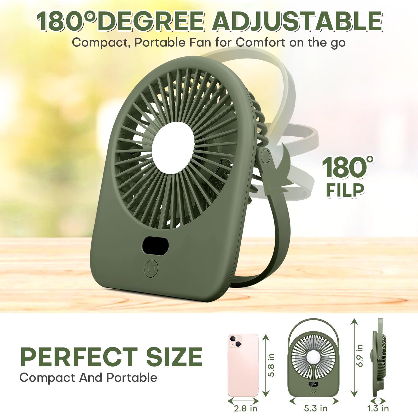 Nezylaf Portable Desk Fan With Led Light, Rechargeable 2000Mah Battery Operated Personal Fan, 180°