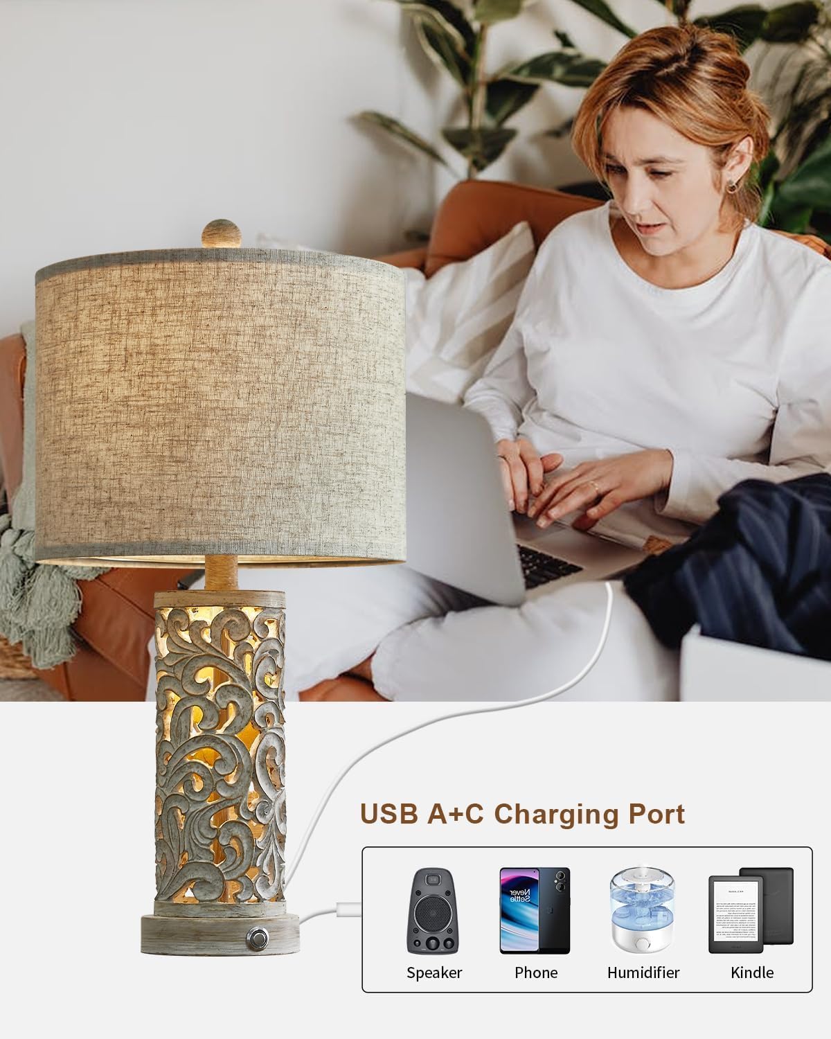 Oyears 3-Way Dimmable 22'' Usb A+C Touch Control Table Lamp With Nightlight For Living Room Bedroom Farmhouse Bedside Nightstand Lamps (Bulb Included)