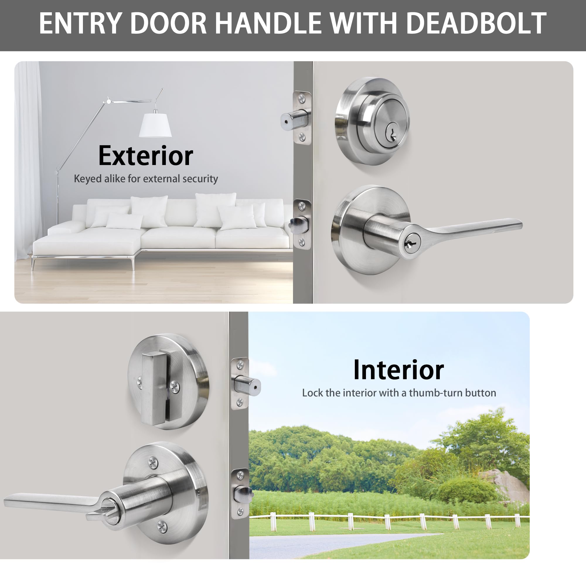 Zevaway Keyed Alike Front Door Handle And Deadbolt Set, Round Heavy Duty Door Handle With Deadbolt Lock, Silver, 1 Pack
