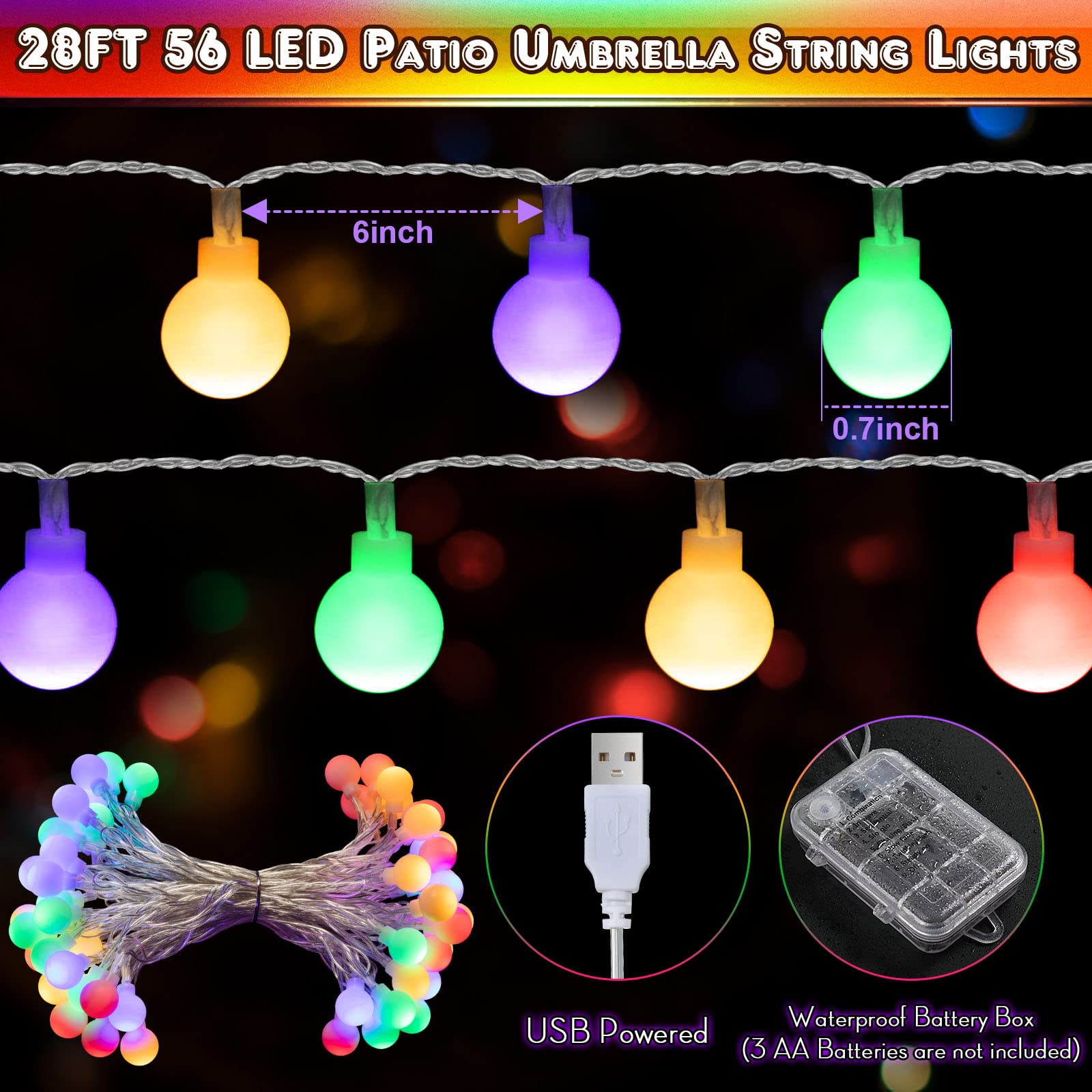 Enhon Globe String Lights, 36 Ft 64 Led Outdoor String Lights, 8 Lighting Modes Fairy Light With Remote Control Battery & Usb Powered, Color Changing Light For Outdoor Indoor Bedroom Garden Party