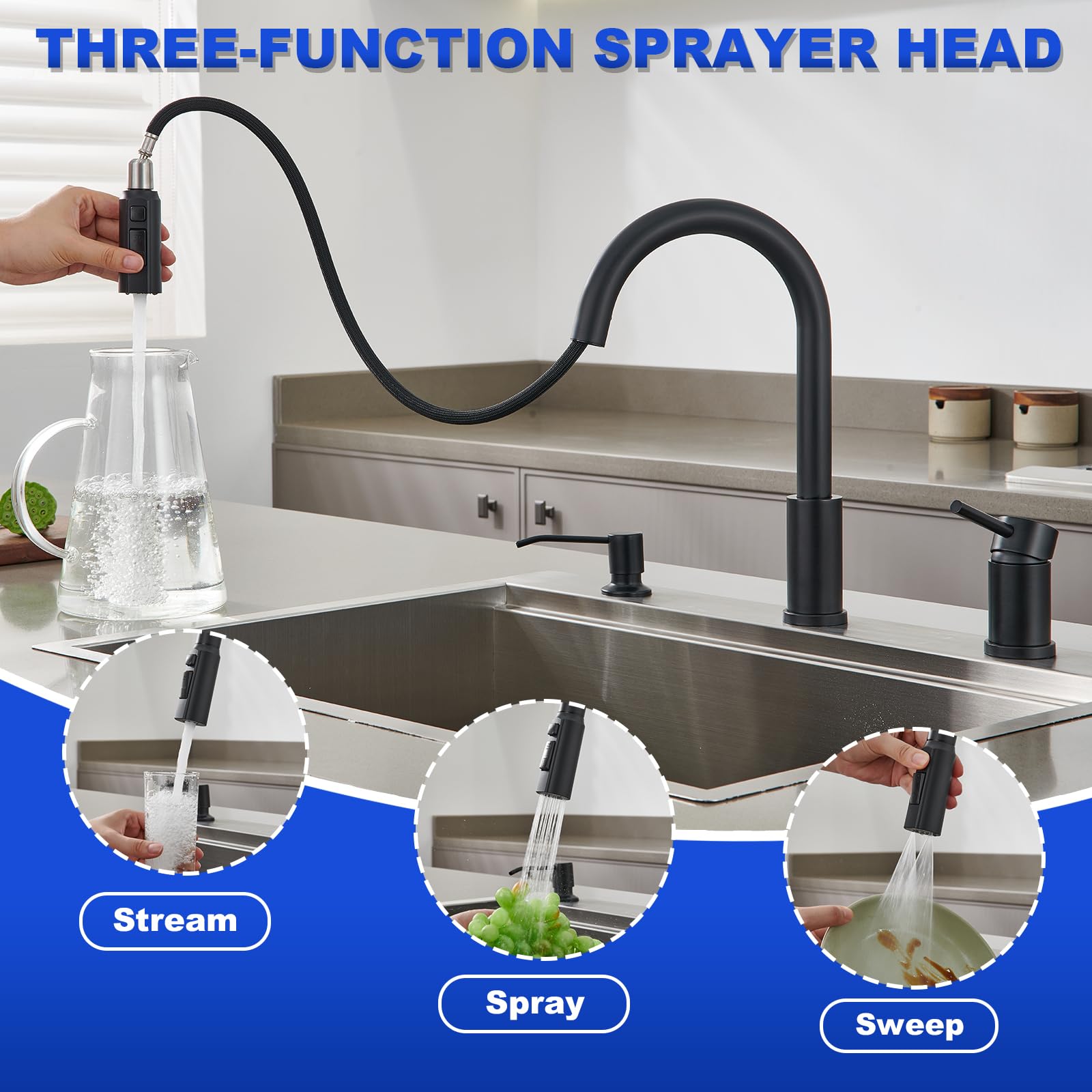 Tohlar Kitchen Faucets With Soap Dispenser Solid Stainless Steel Kitchen Faucet With Pull Out Sprayer 3 Modes Matte Black Modern Kitchen Sink Faucets High Arc Single Handle Faucet
