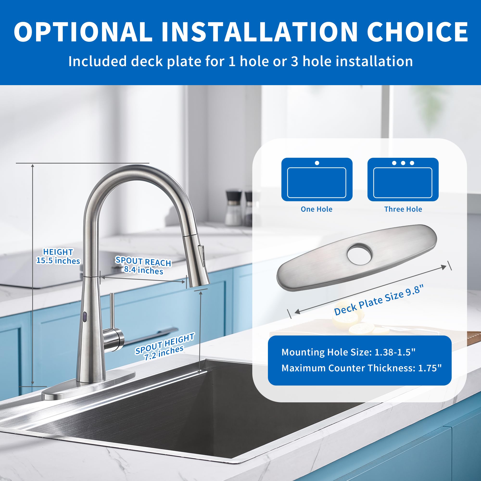 Tohlar Touchless Kitchen Sink Faucets With Pull Down Sprayer Brushed Nickel, Modern Side Sensor Faucet For Sink 3 Hole, Single Handle Stainless Steel Kitchen Faucet With Deck Plate