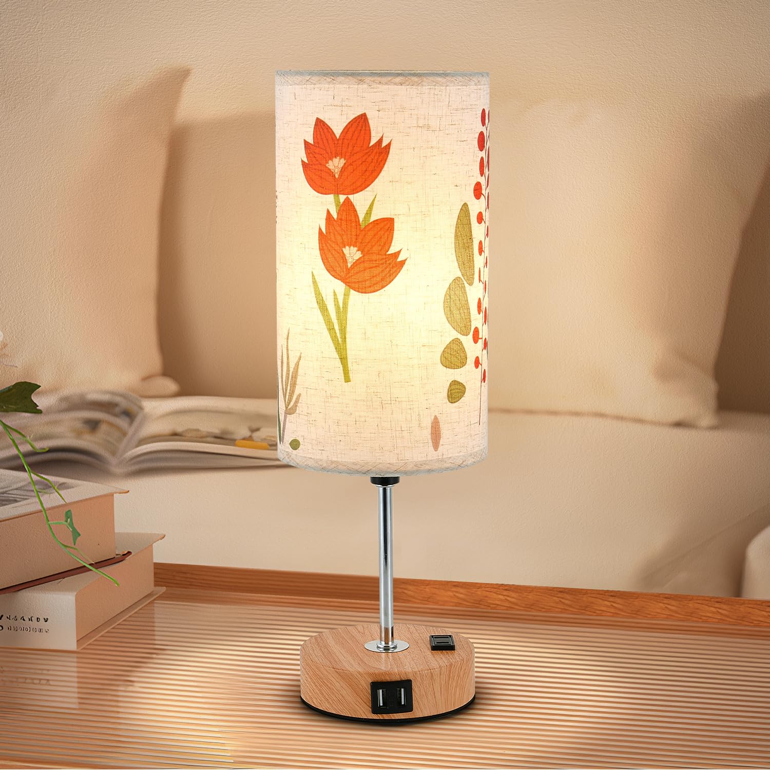 Woderdeng Flower Touch Table Lamp,3-Way Dimmable Bedside Lamps With Usb Port And Outlet,Cute Lamp With Wood Grain Base,Vintage Lamp For Bedroom,Room Decor,Flower1