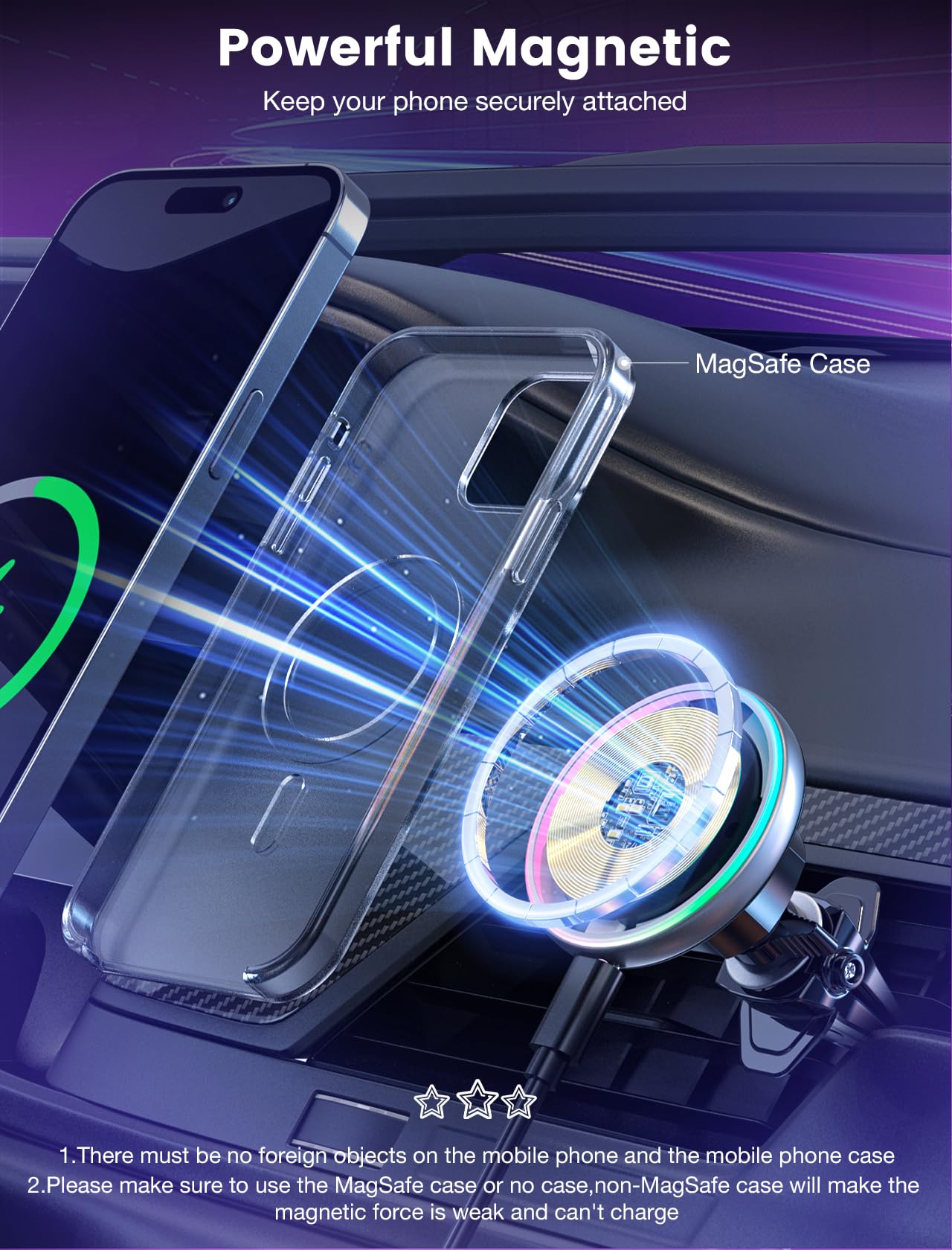 Mokpr For Magnetic Car Mount Charger- Wireless Car Charger Magnetic Cup Holder Air Vent Phone Mount-Colorful Led Hands Magnet Car Charger For Iphone 16 15/14/13/12 Series