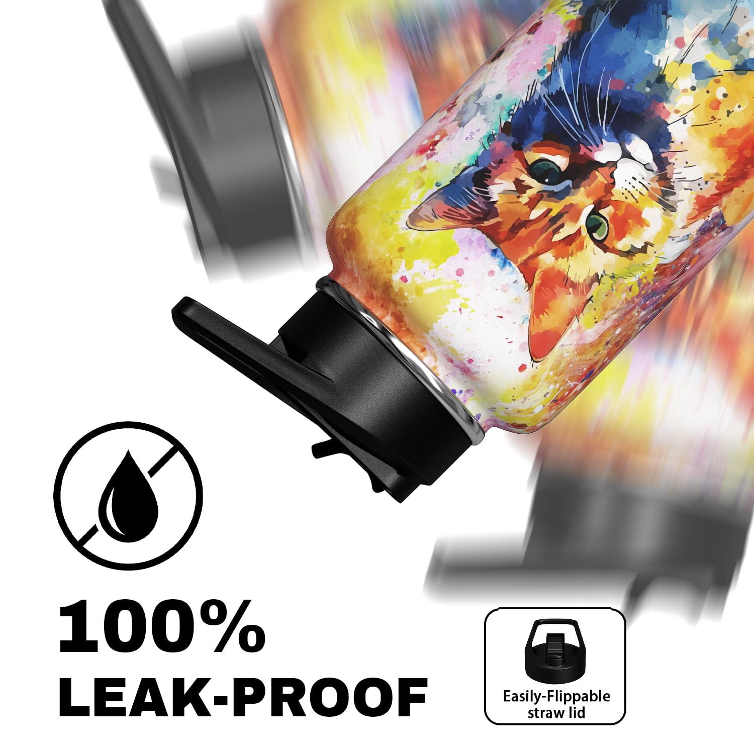 Cat Water Bottle 32Oz Vacuum Insulated Funny Water Bottles Thermos With Straw Lid